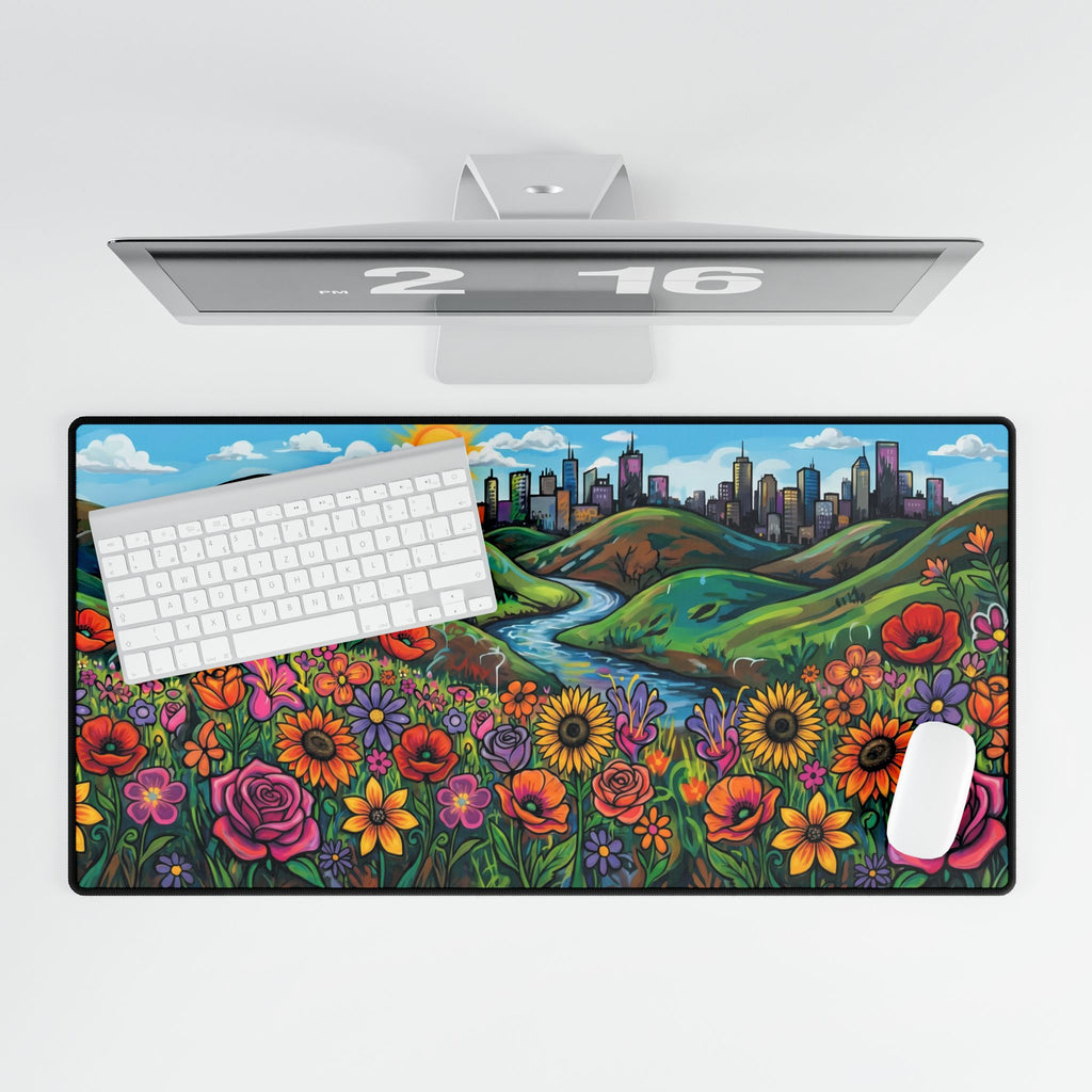 Floral Sunrise Cityscape Desk Mat — Colorful Wildflower Mouse Pad