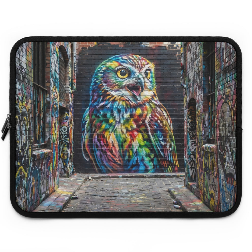 Colorful Street Art Owl Laptop Sleeve | Graffiti Alley Bird Mural