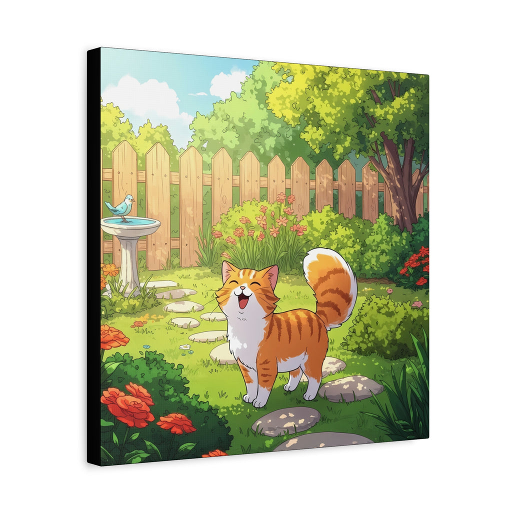 Classic Canvas Garden Cat Kids Art — Whimsical Orange Tabby in Sunny Backyard