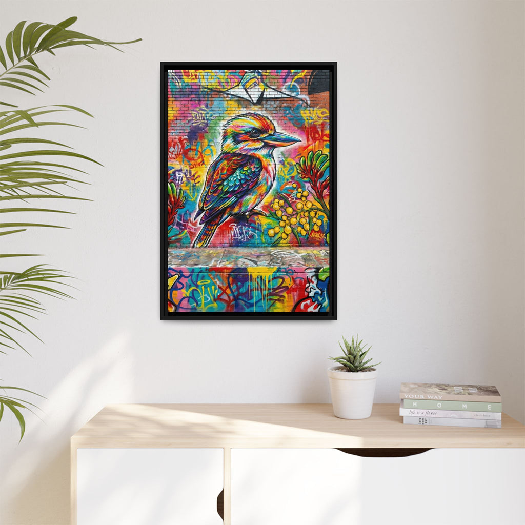 Kookaburra Graffiti Art Framed Matte Canvas | Colorful Urban Bird Print