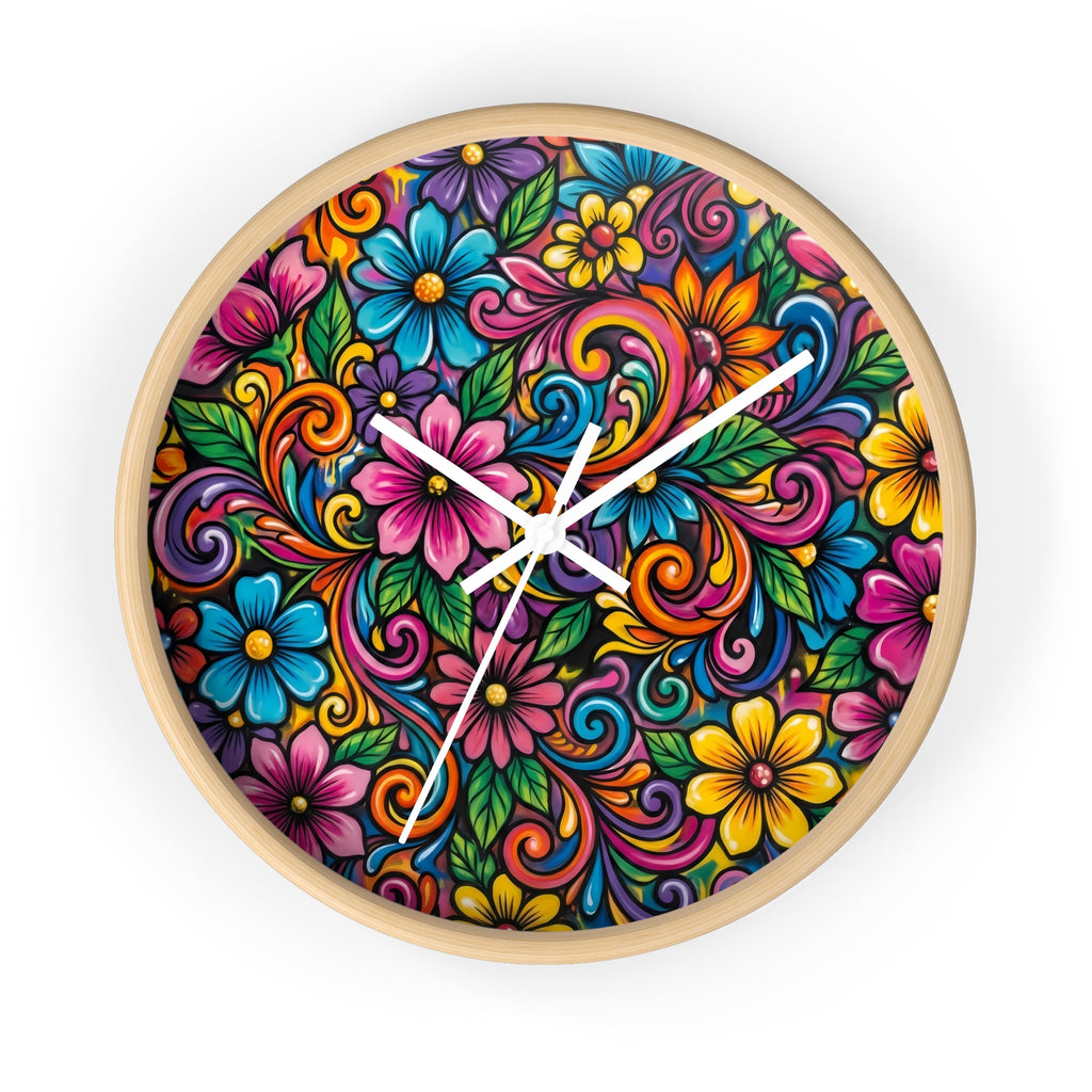 Colorful Floral Swirl Wall Clock — Vibrant Flower Art Timepiece