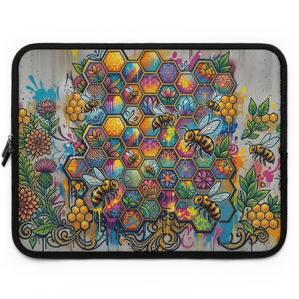 Honeycomb Bees Laptop Sleeve | Floral Beehive Art, Colorful Urban Art Design