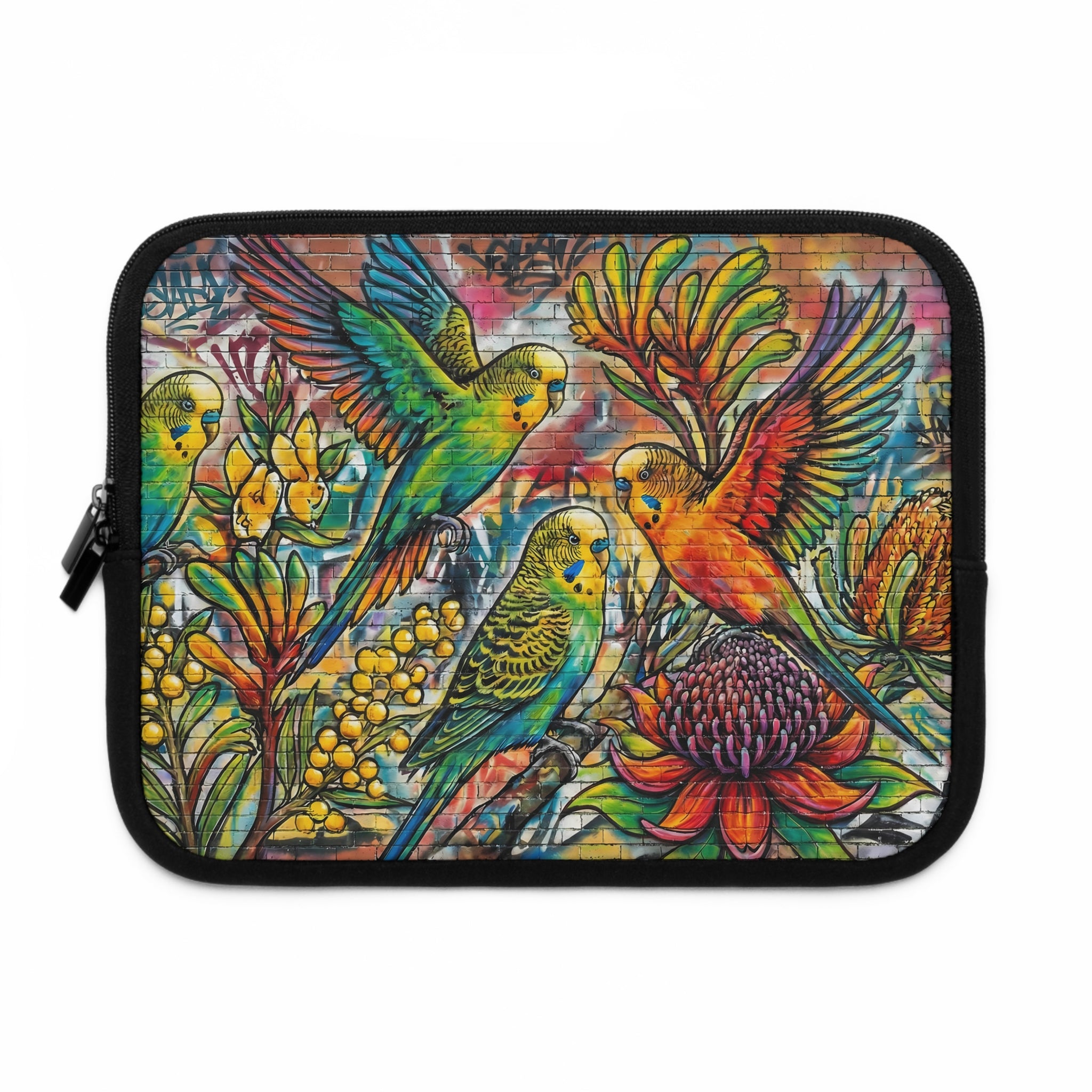 Colorful Budgie Wildflower Laptop Sleeve — Vibrant Bird Art Sleeve