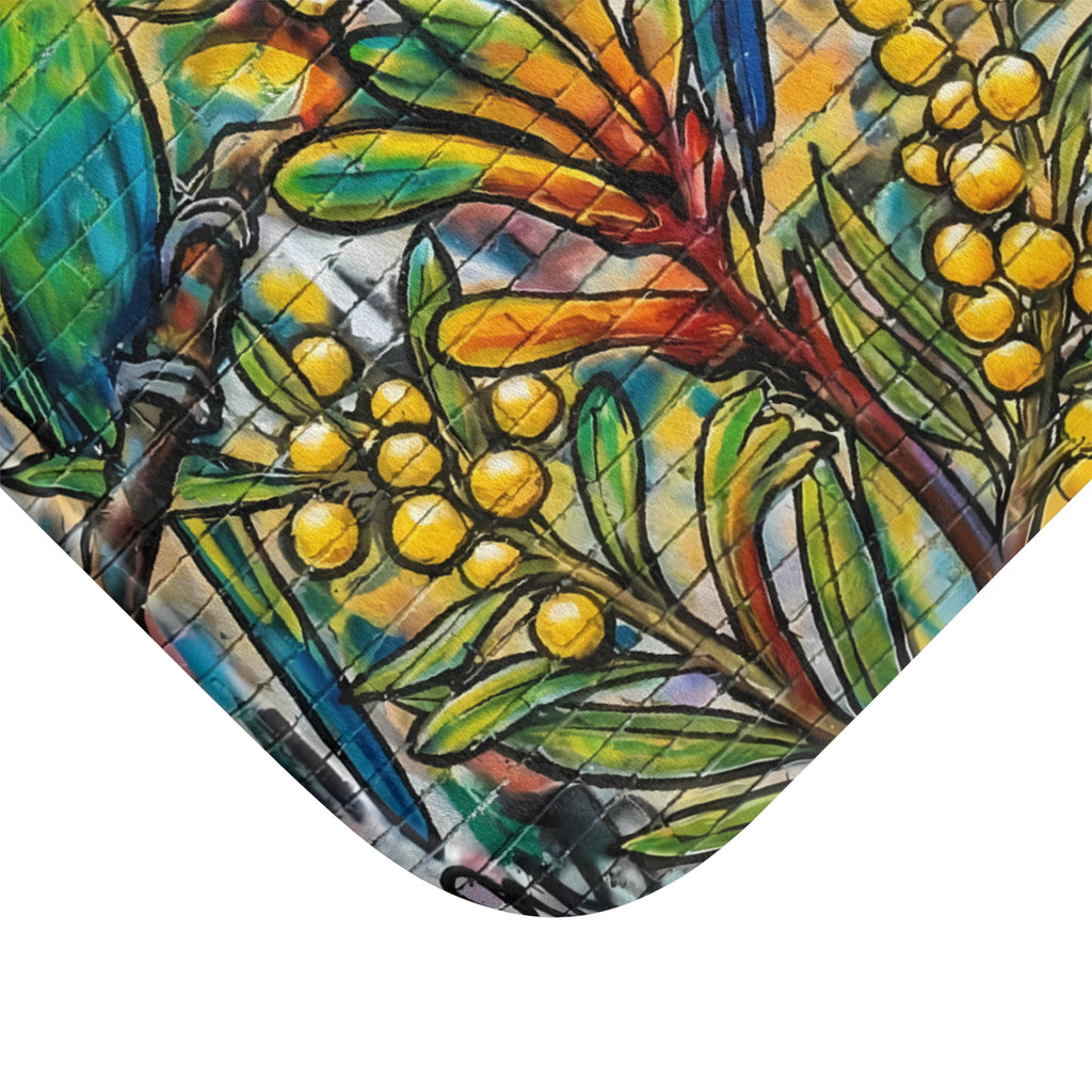 Tropical Parakeet Bath Mat — Colorful Floral Bird Bathroom Rug