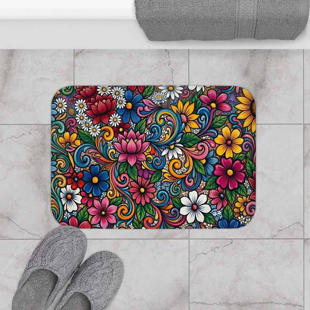 Vibrant Floral Design Bath Mat | Colorful Flower Bathroom Rug