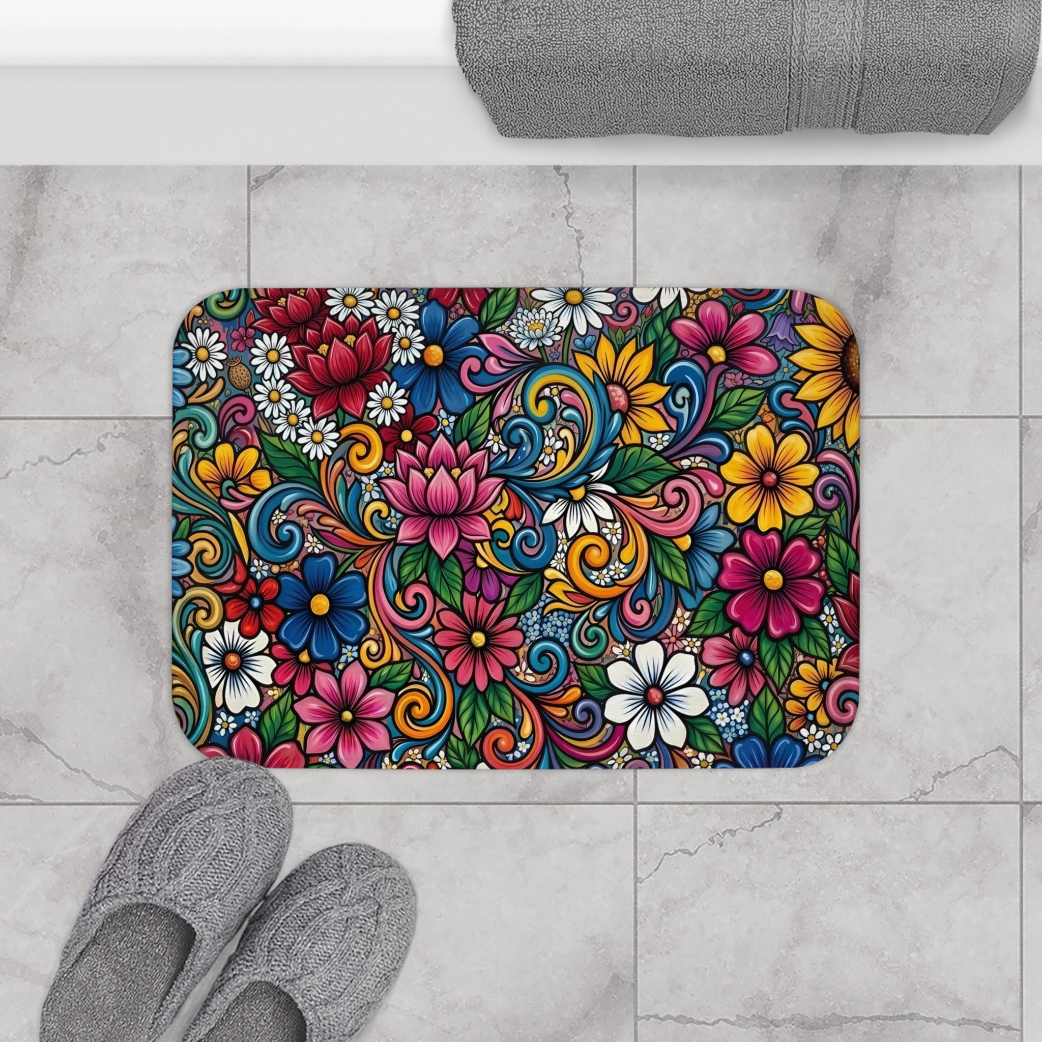 Vibrant Floral Design Bath Mat | Colorful Flower Bathroom Rug