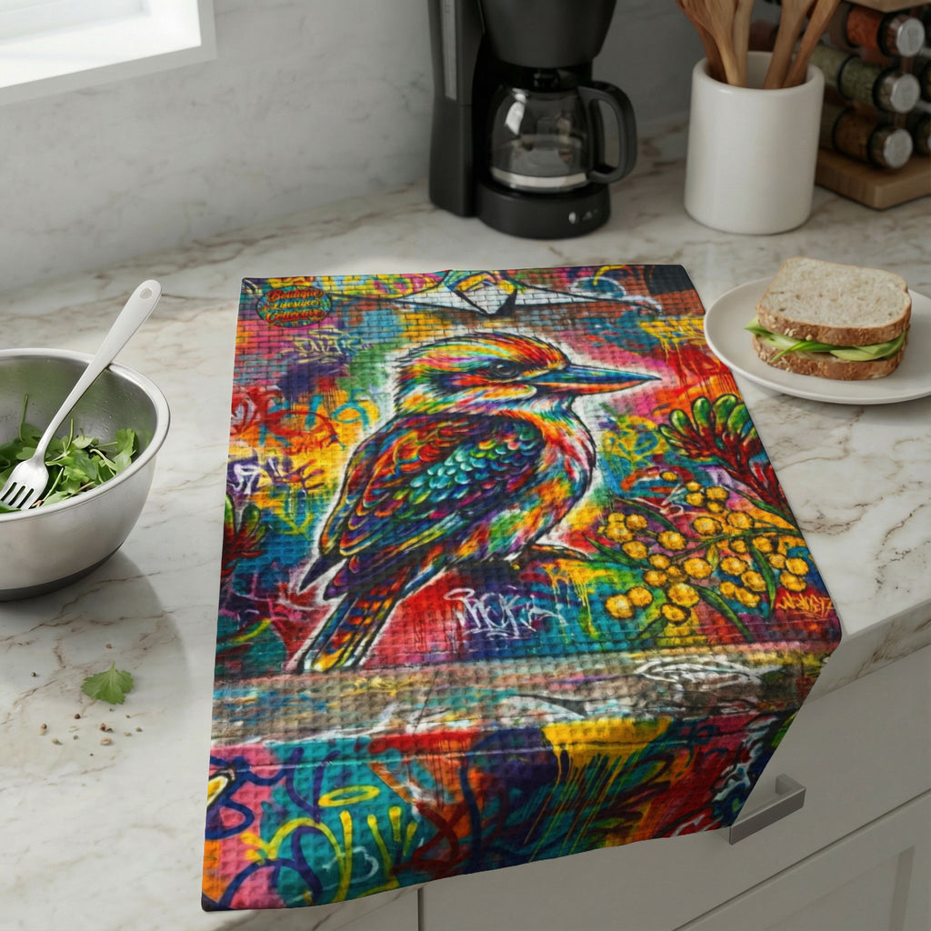 Waffle Weave Colorful Graffiti Kookaburra Kitchen Tea Towel