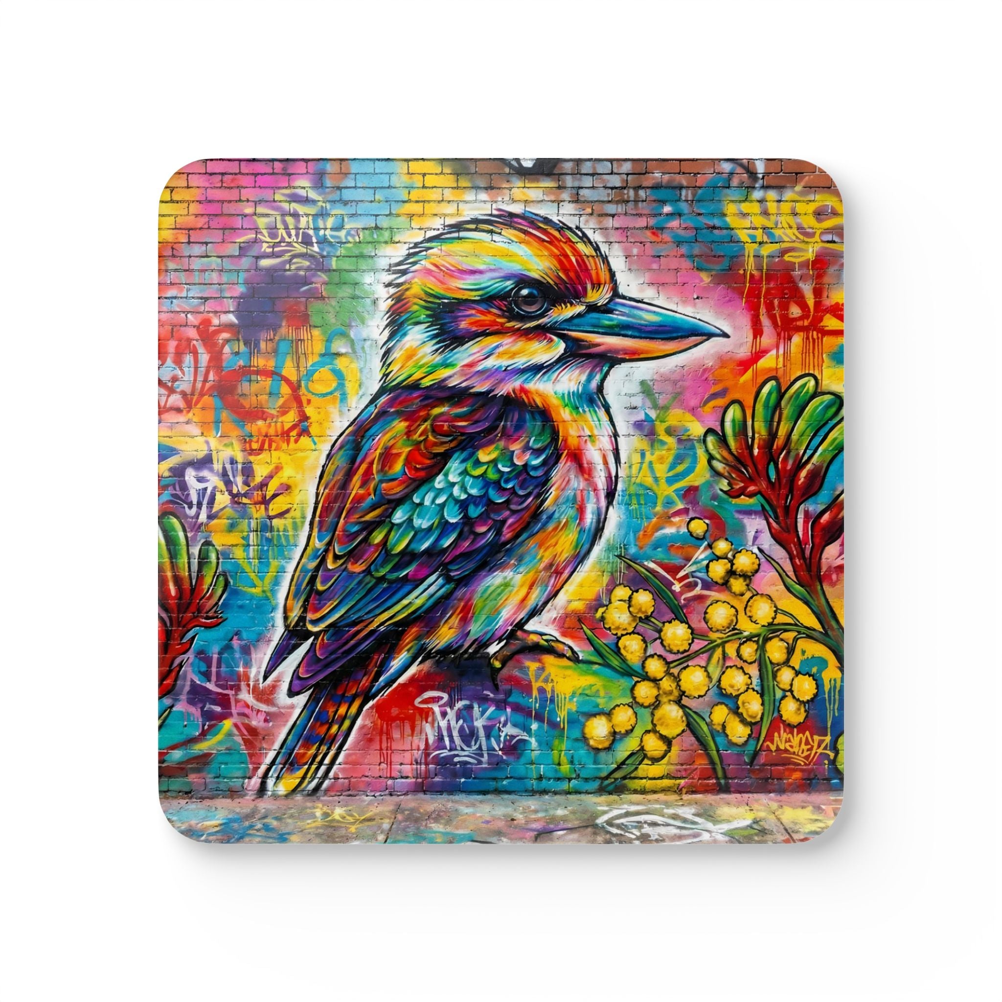 Vibrant Kookaburra Cork Coaster Set — Colorful Street Art Bird Drink Coasters (Set of 4)