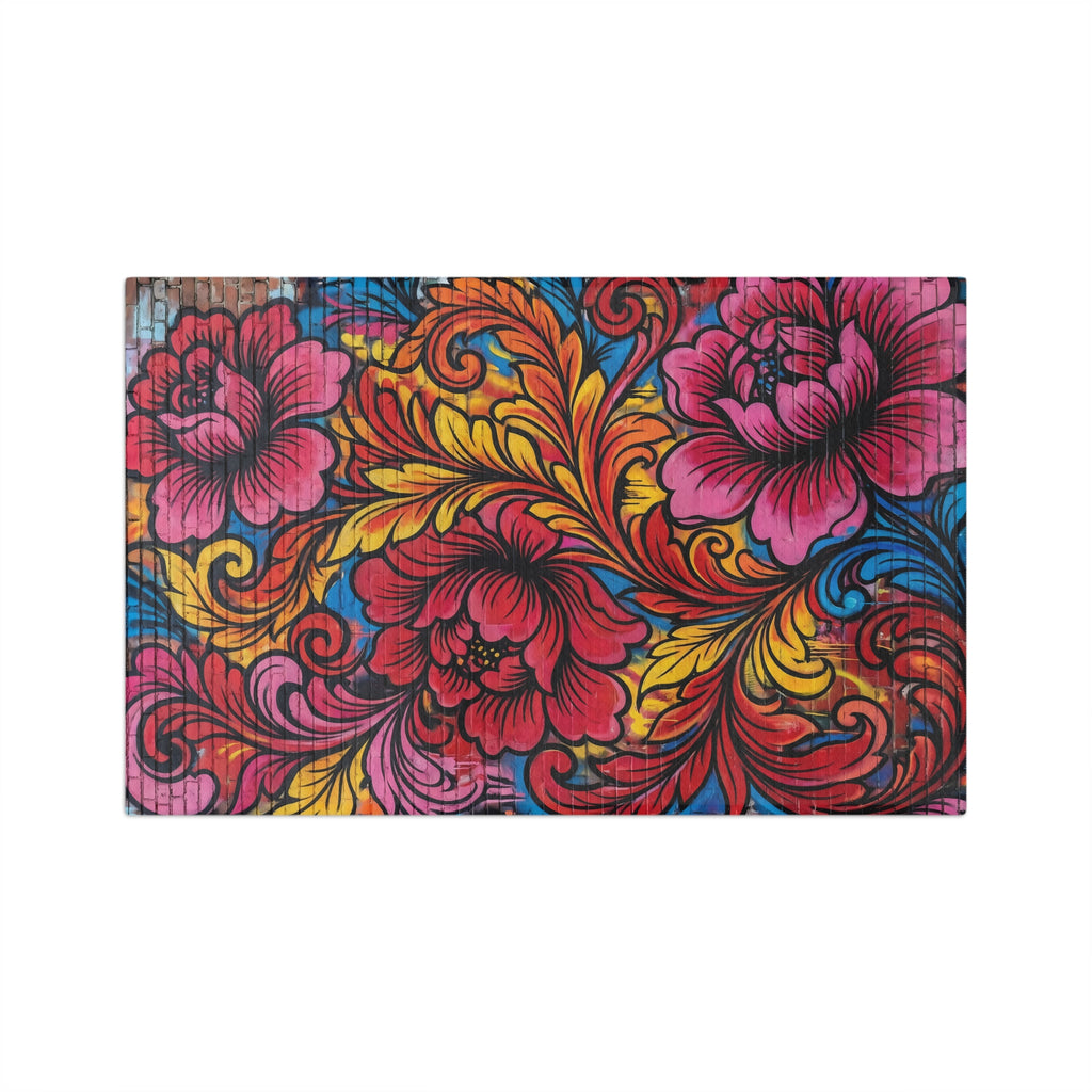 Floral Mural Microfiber Tea Towel — Vibrant Pink & Gold Boho Kitchen Décor