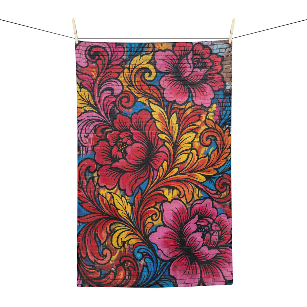 Floral Mural Microfiber Tea Towel — Vibrant Pink & Gold Boho Kitchen Décor