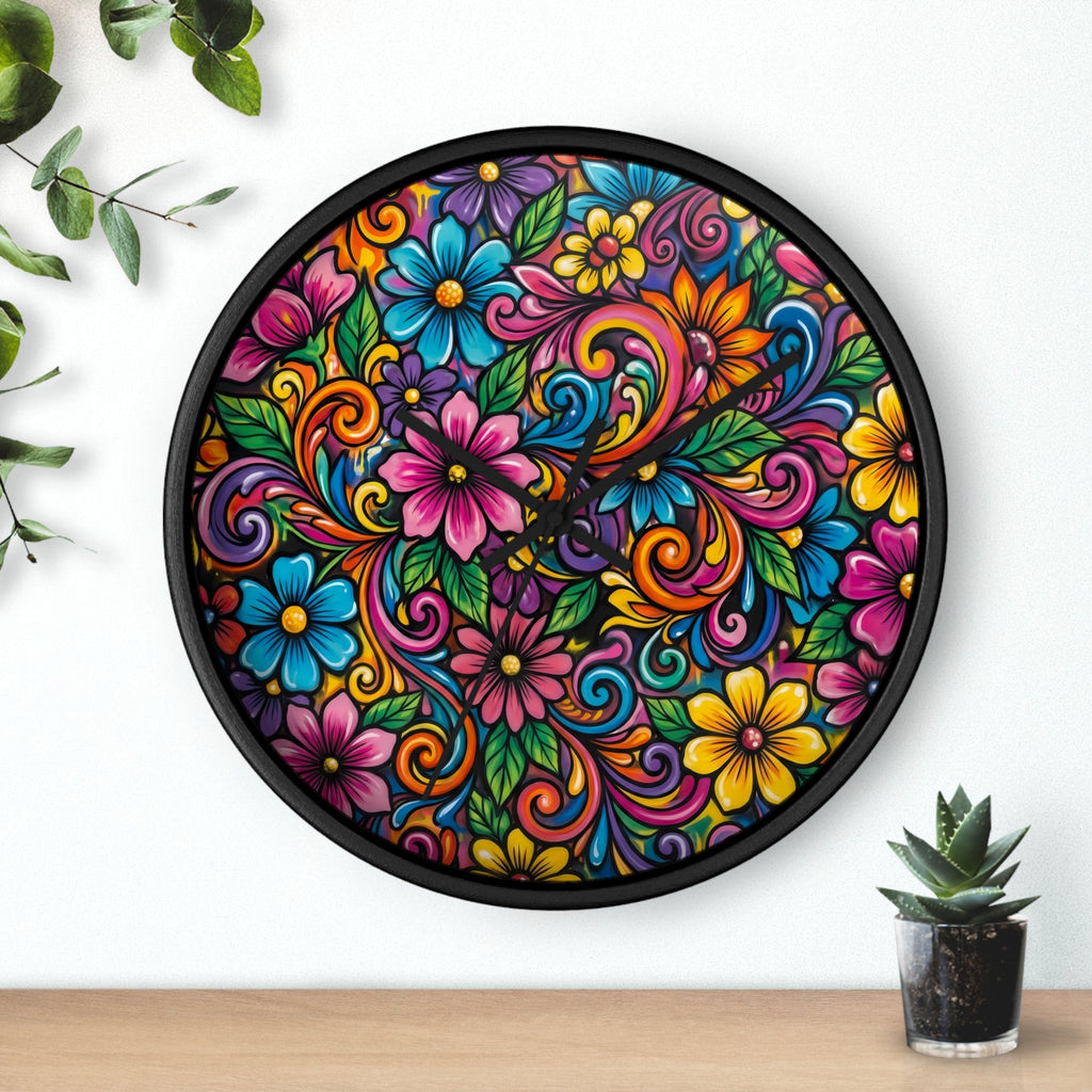 Colorful Floral Swirl Wall Clock — Vibrant Flower Art Timepiece