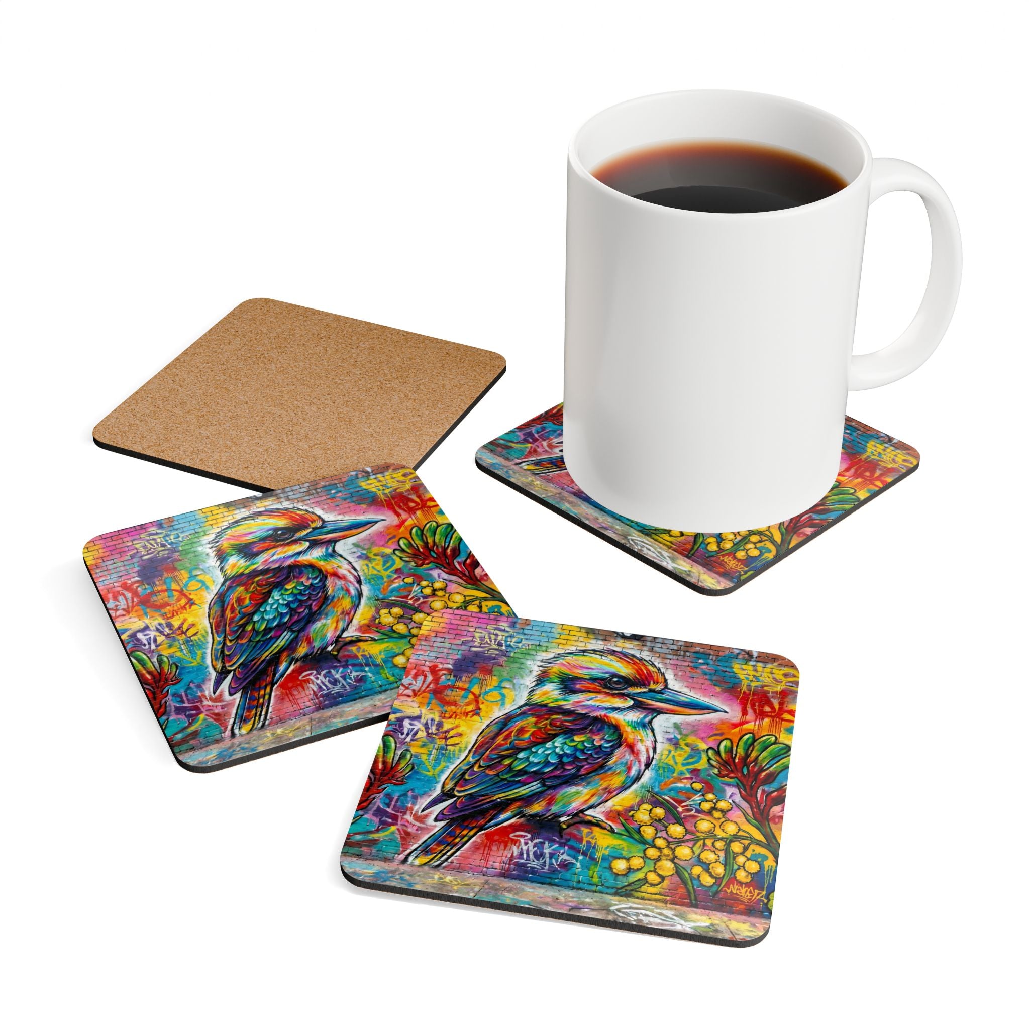 Vibrant Kookaburra Cork Coaster Set — Colorful Street Art Bird Drink Coasters (Set of 4)