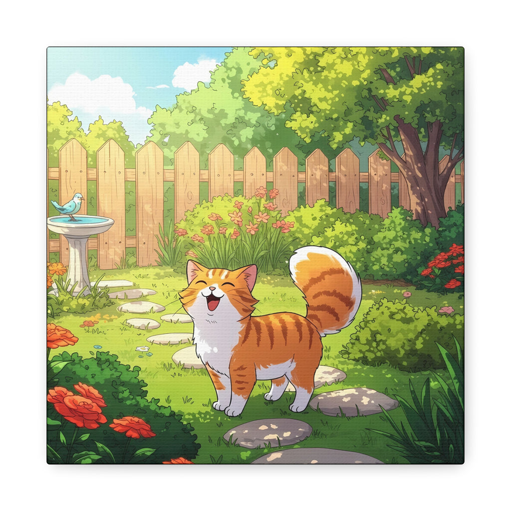 Classic Canvas Garden Cat Kids Art — Whimsical Orange Tabby in Sunny Backyard