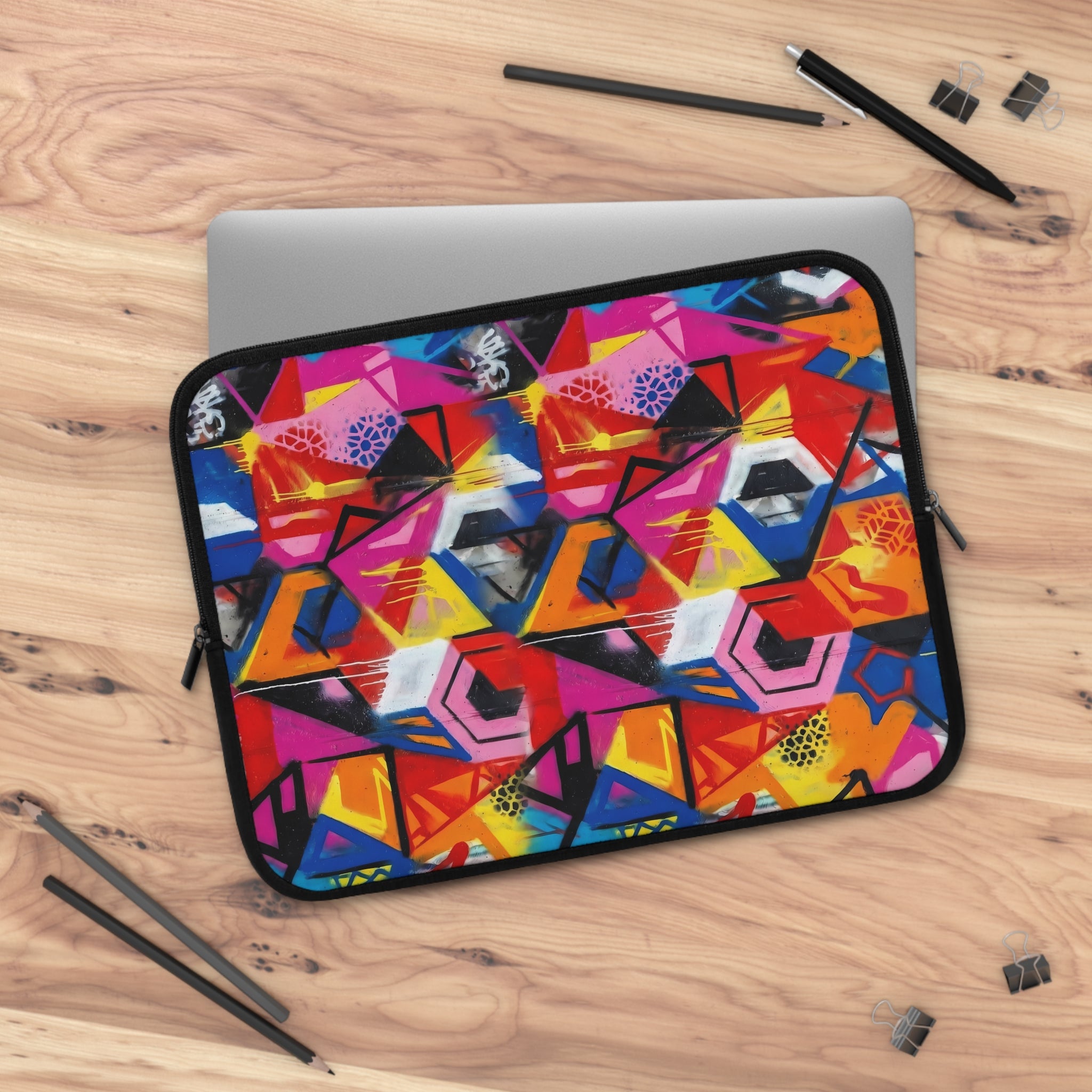 Abstract Geometric Laptop Sleeve — Vibrant Neon Graffiti Pattern