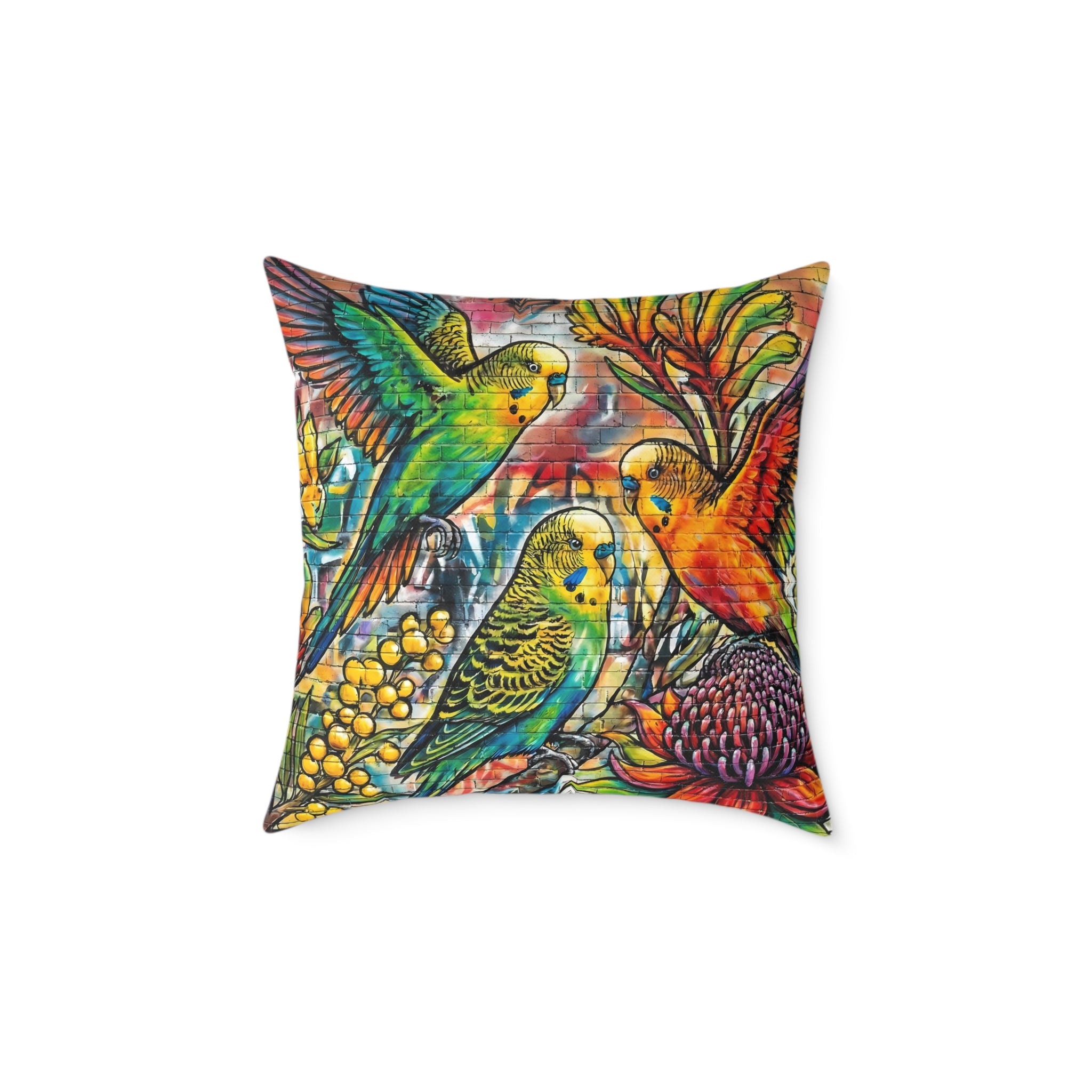 Graffiti Budgerigar Square Poly Canvas Pillow
