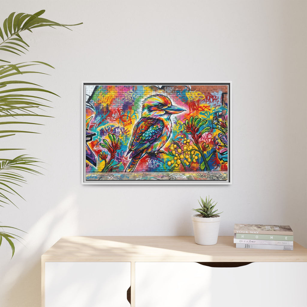 Kookaburra Graffiti Art Framed Matte Canvas | Colorful Urban Bird Print