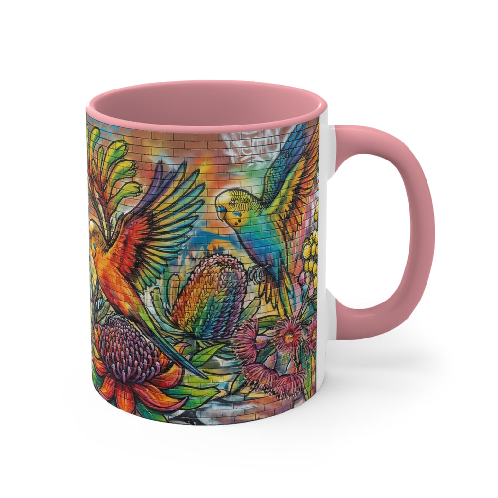 Colorful Budgerigar Floral Accent Mug — 11oz Ceramic Coffee Cup (Multiple Colours)