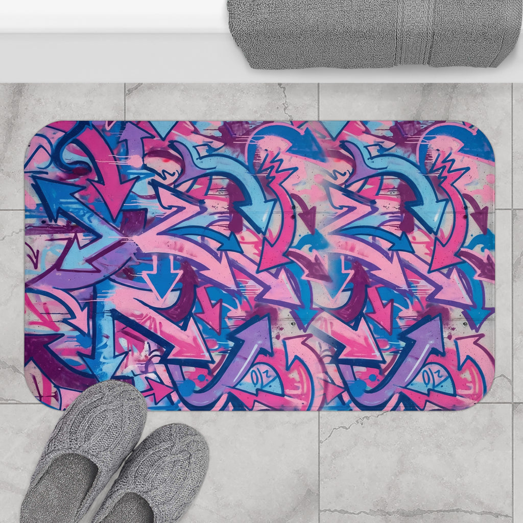Graffiti Arrow Pattern Bath Mat — Pink & Blue Urban Street Art Rug