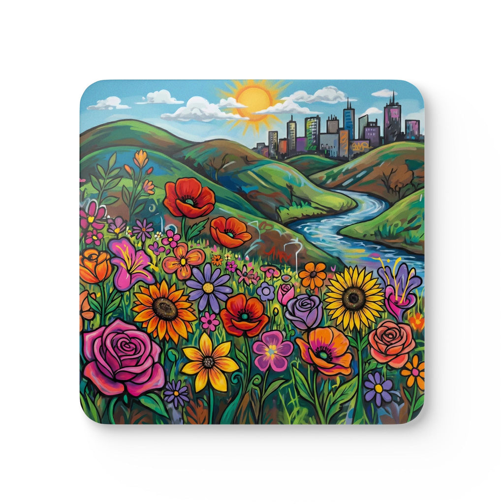 Cityscape Graffiti Cork Coaster Set — Urban Street Art Drink Coasters (Set of 4)