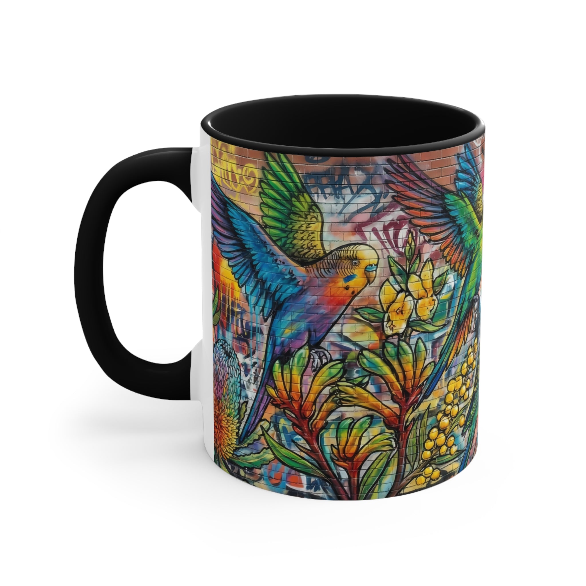 Colorful Budgerigar Floral Accent Mug — 11oz Ceramic Coffee Cup (Multiple Colours)