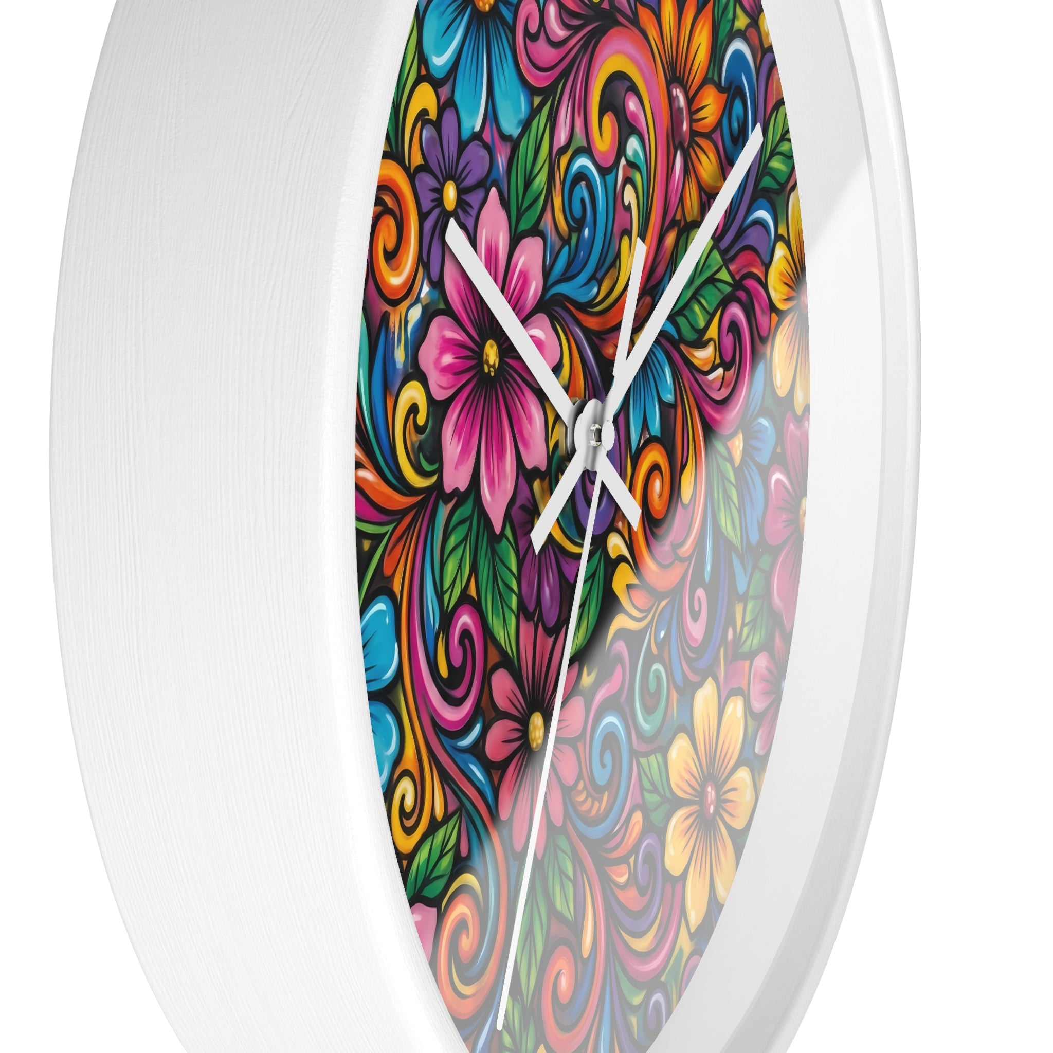 Colorful Floral Swirl Wall Clock — Vibrant Flower Art Timepiece