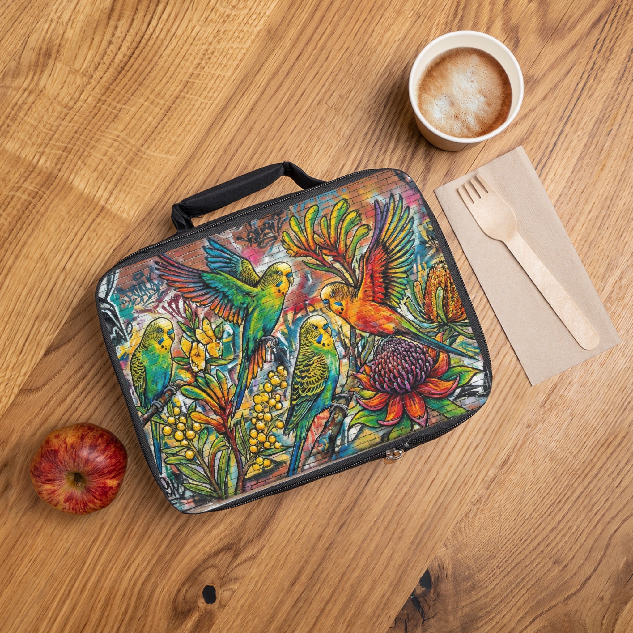 Vibrant Budgerigar Lunch Bag — Colorful Nature Design