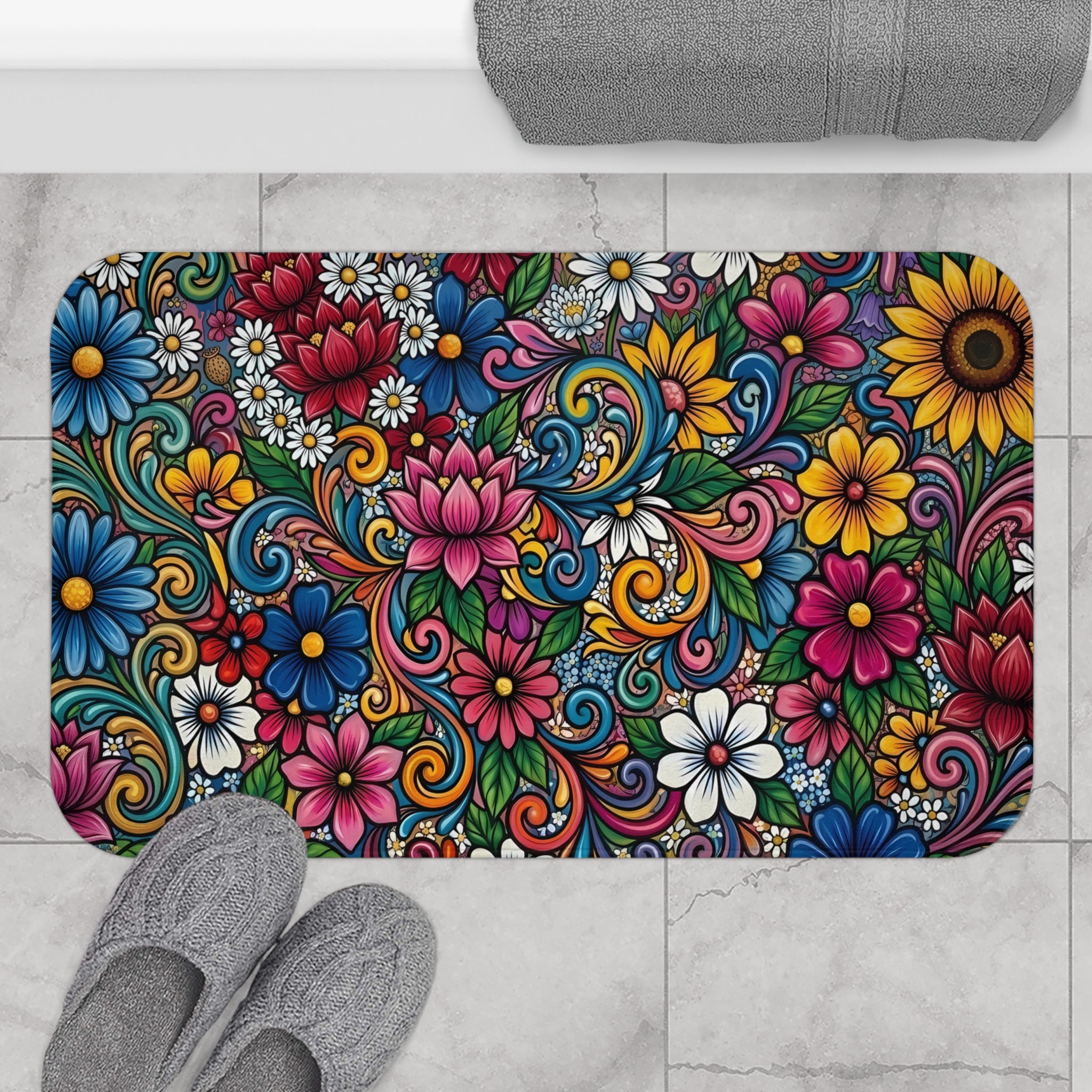 Vibrant Floral Design Bath Mat | Colorful Flower Bathroom Rug