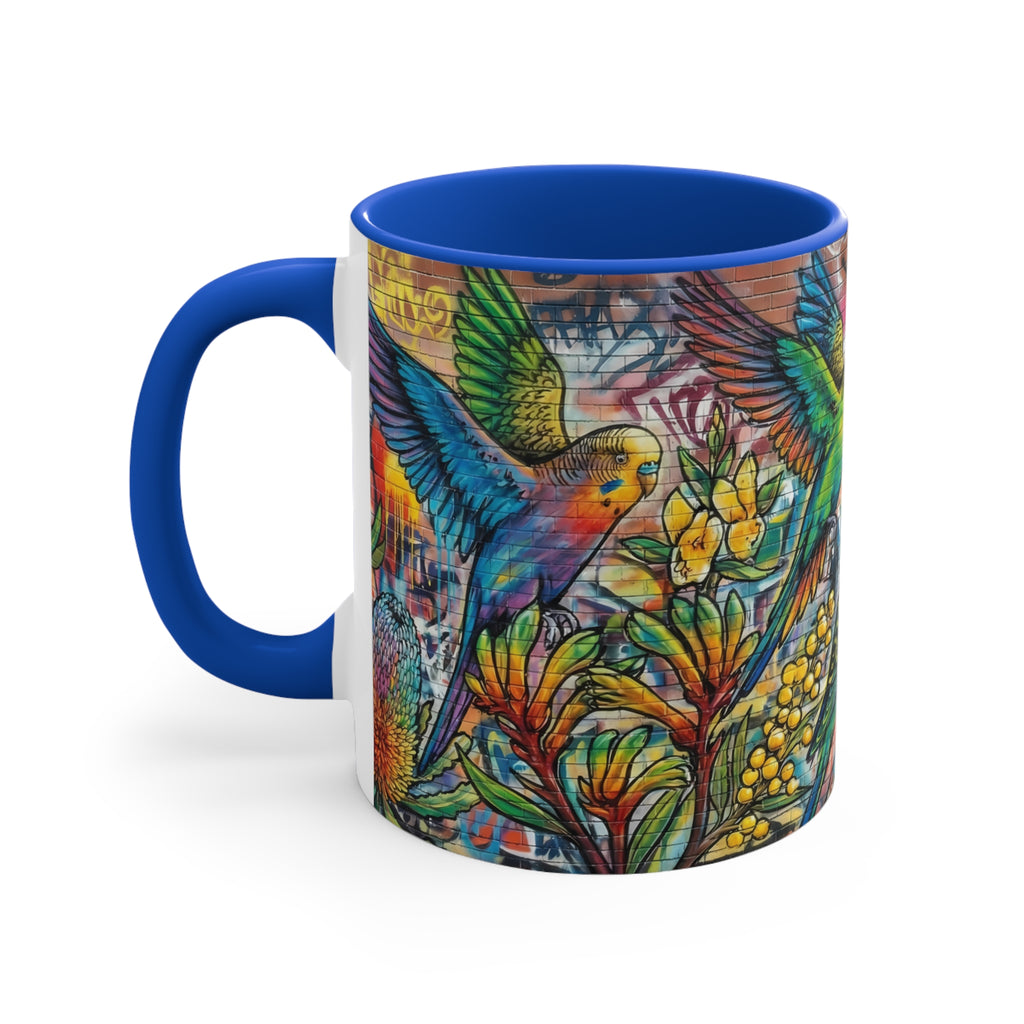 Colorful Budgerigar Floral Accent Mug — 11oz Ceramic Coffee Cup (Multiple Colours)