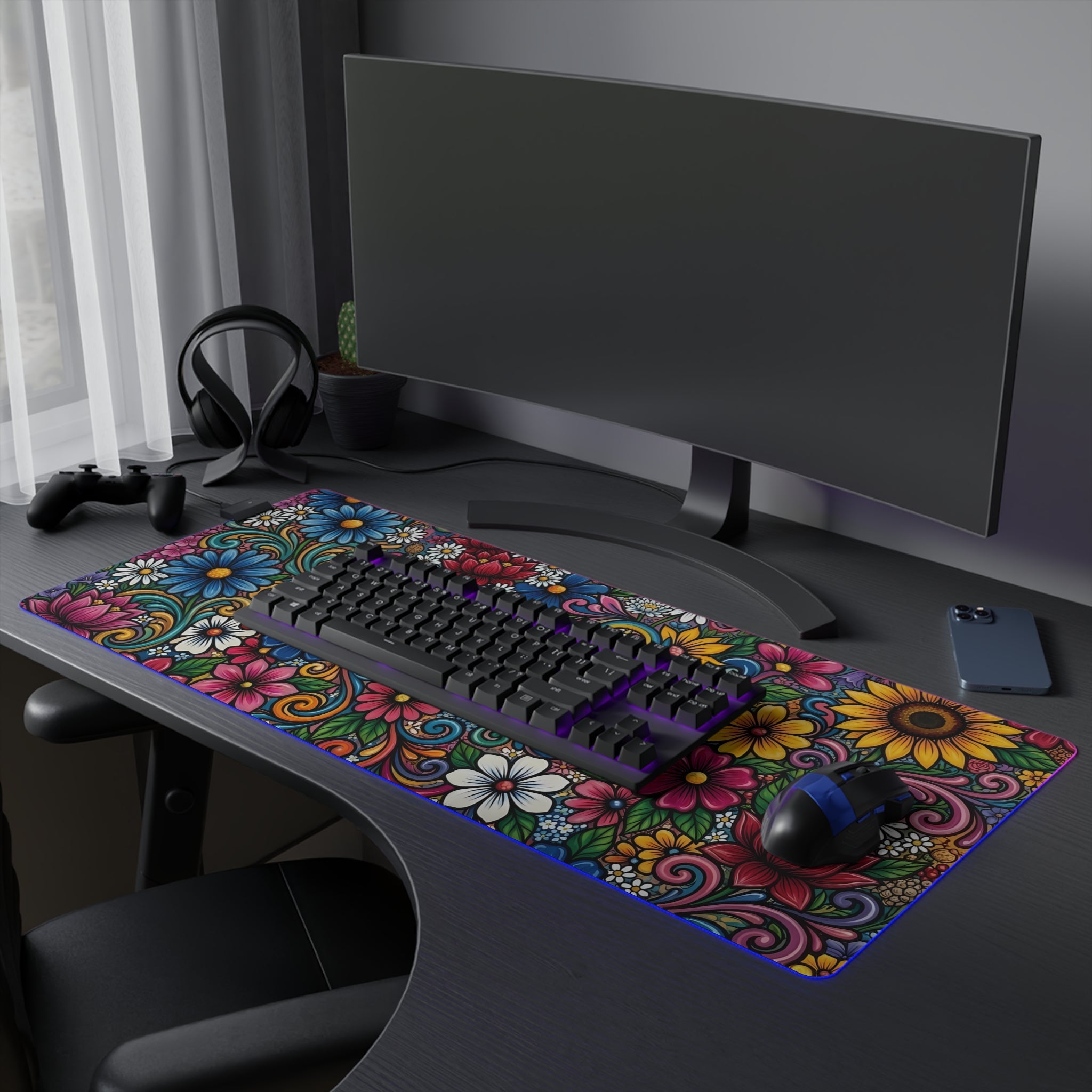 Vibrant Floral LED Mouse Pad | RGB Desk Mat, Colorful Flower Design