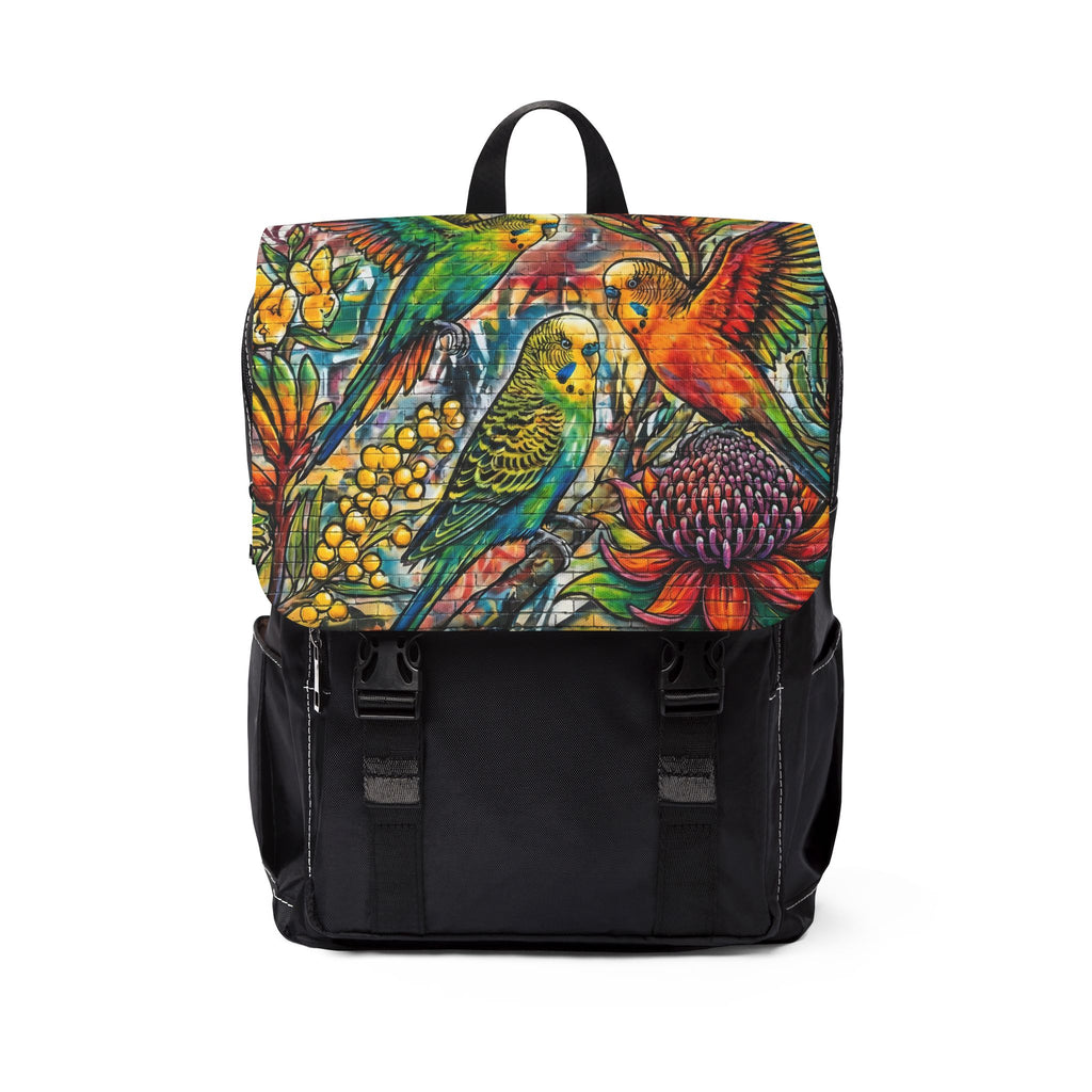 Colorful Budgie Graffiti Art Backpack — Vibrant Urban Shoulder Bag