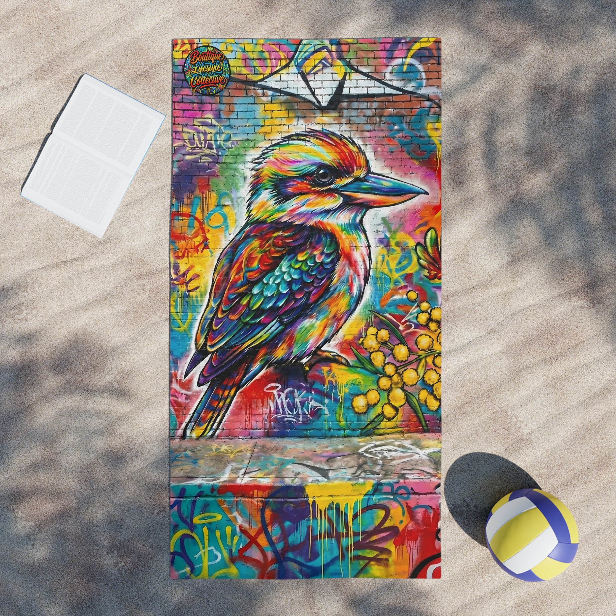 Kookaburra Graffiti Beach Towel — Vibrant Street-Art Bird Design