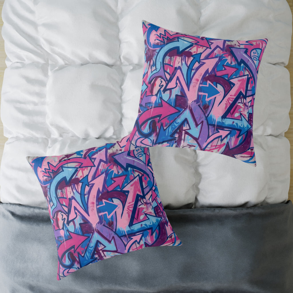 Graffiti Arrow Square Pillow — Pink & Blue Street Art Decorative Throw Pillow