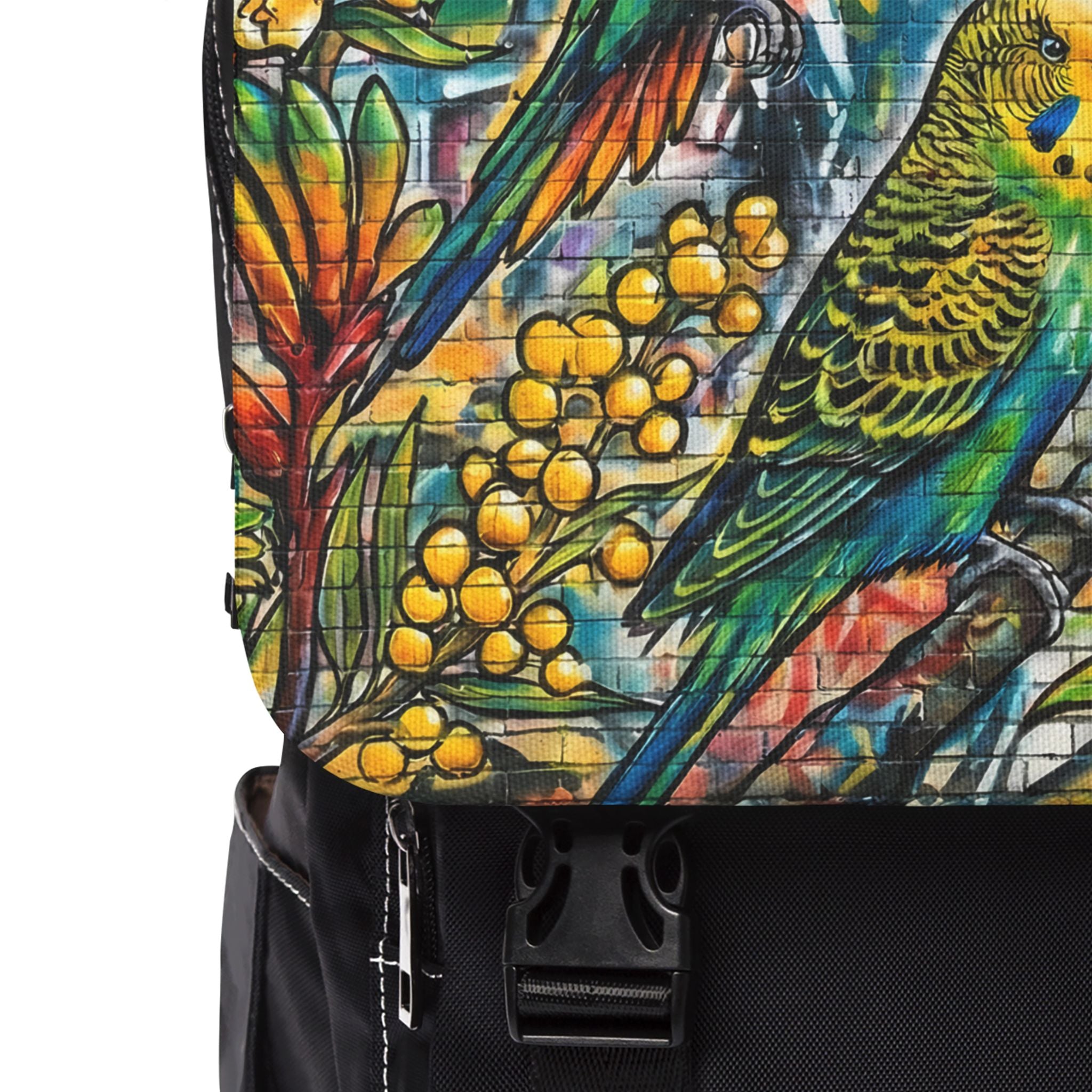Colorful Budgie Graffiti Art Backpack — Vibrant Urban Shoulder Bag
