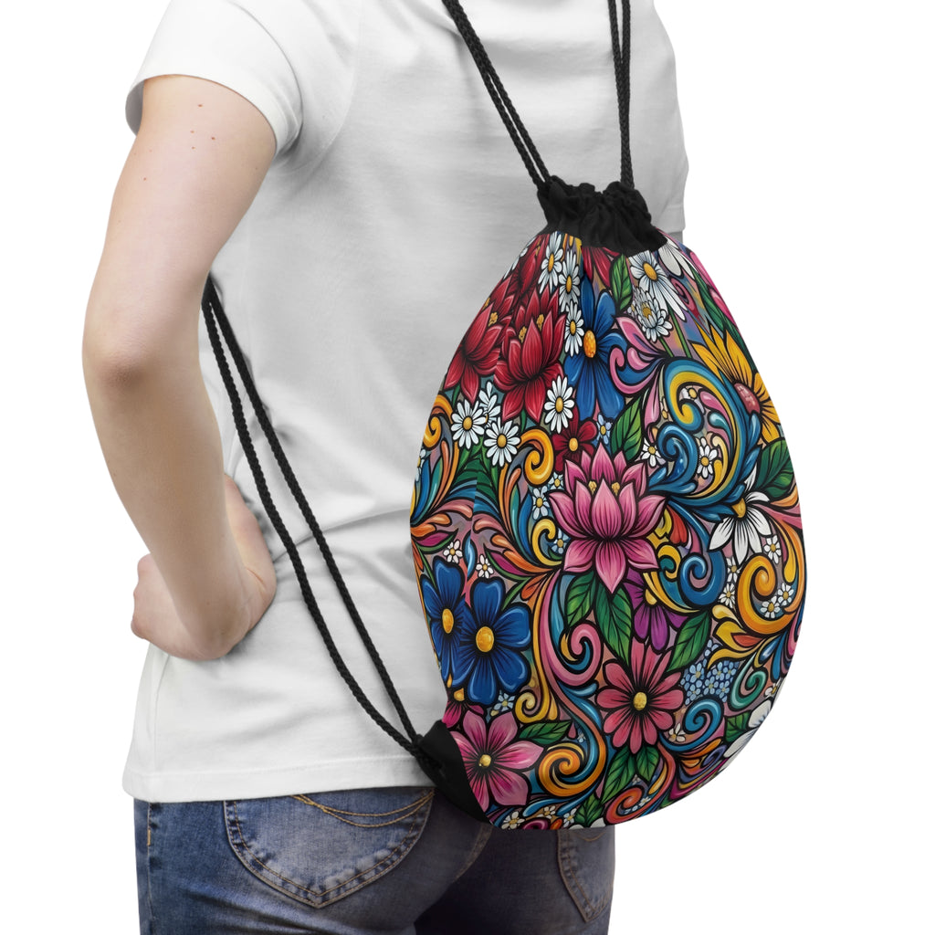 Colorful Floral Swirl Drawstring Bag | Boho Flowal Design Backpack