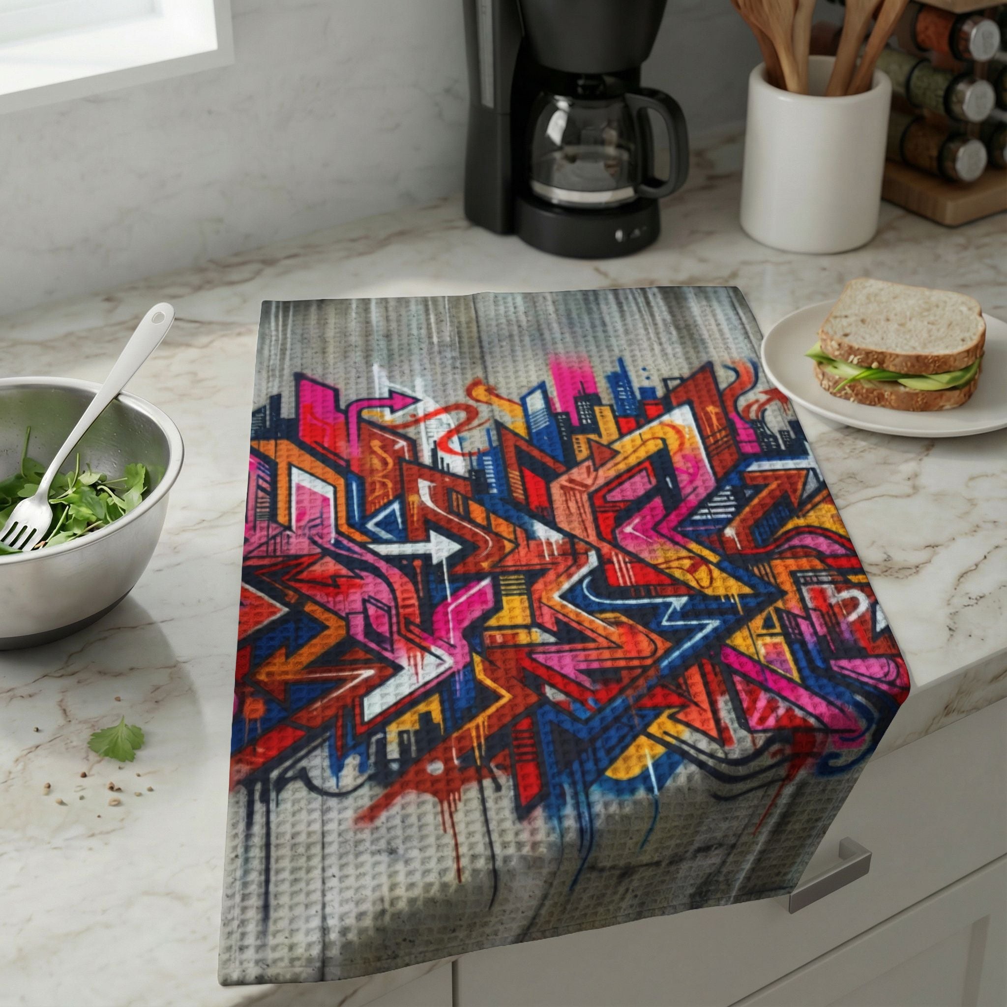 Waffle Weave Kitchen Tea Towel - Graffiti Urban Art
