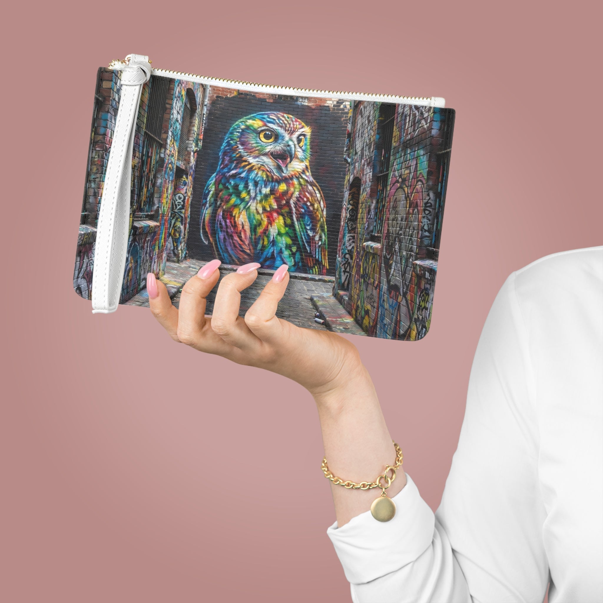 Colorful Owl Mural Clutch Bag | Street Art Graffiti Pouch