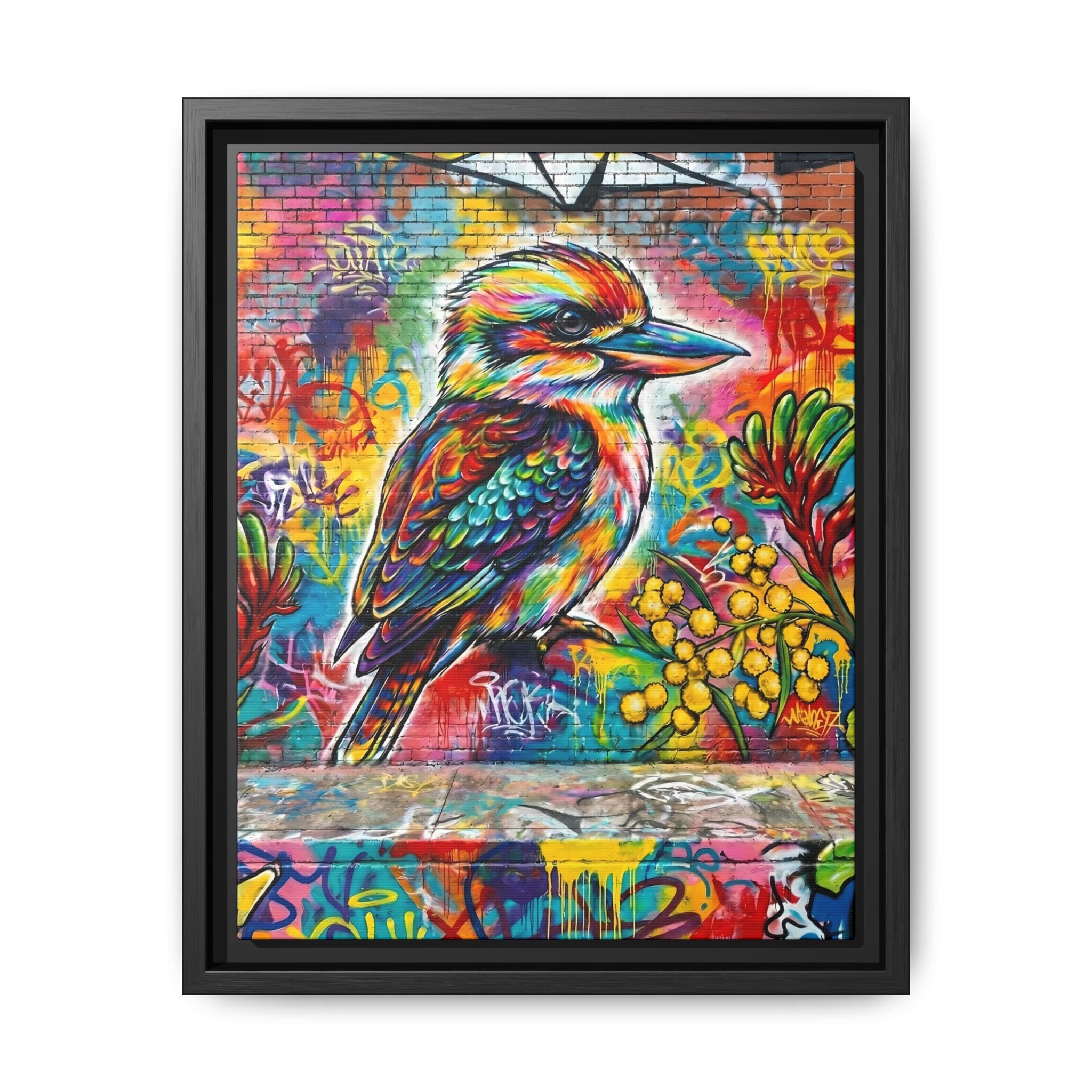Kookaburra Graffiti Art Framed Matte Canvas | Colorful Urban Bird Print