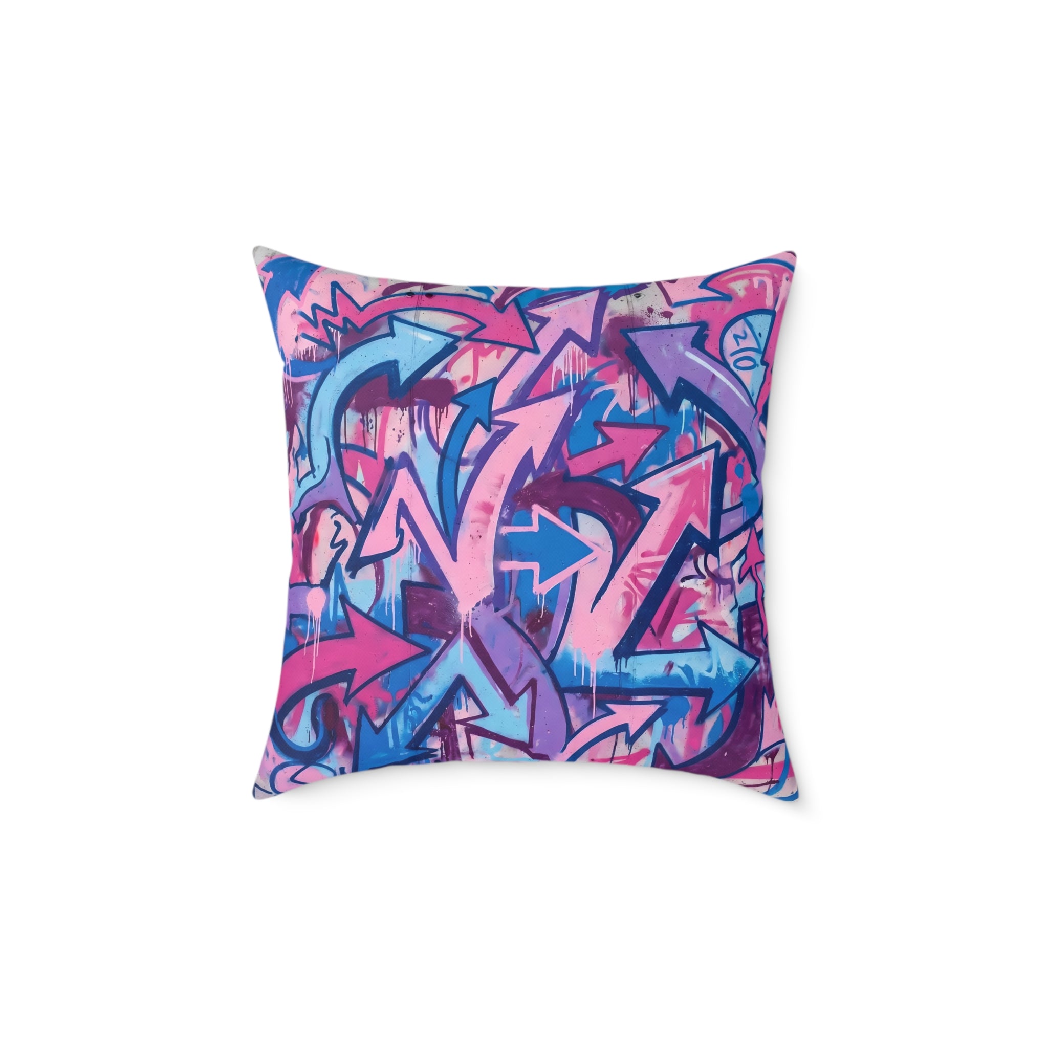 Graffiti Arrow Square Pillow — Pink & Blue Street Art Decorative Throw Pillow
