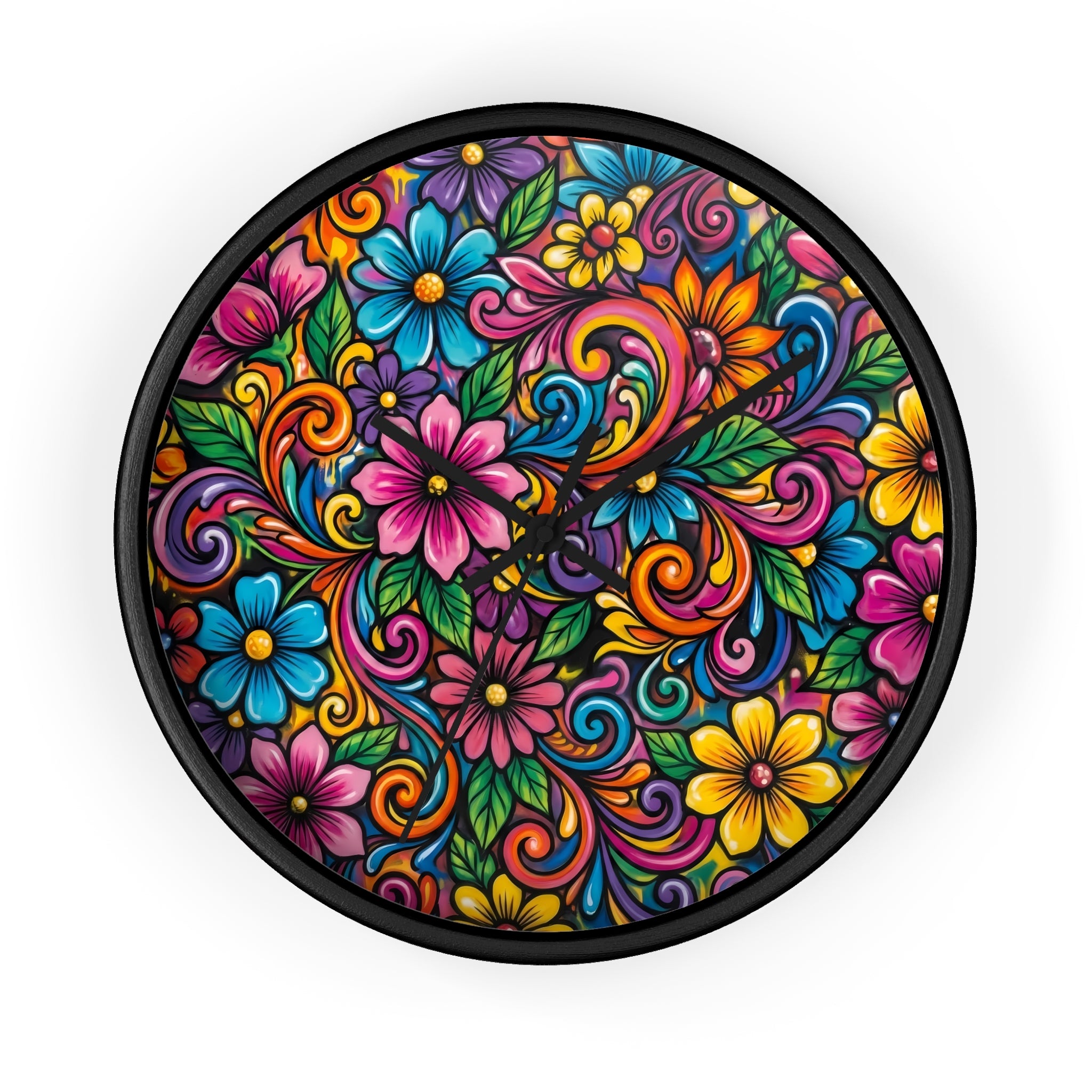 Colorful Floral Swirl Wall Clock — Vibrant Flower Art Timepiece