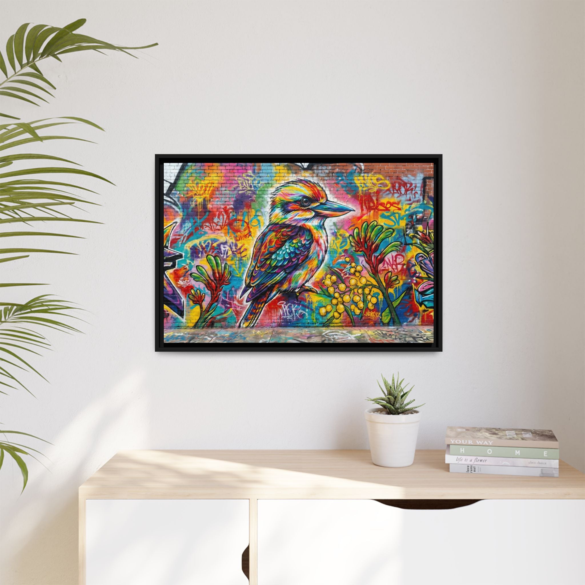 Kookaburra Graffiti Art Framed Matte Canvas | Colorful Urban Bird Print