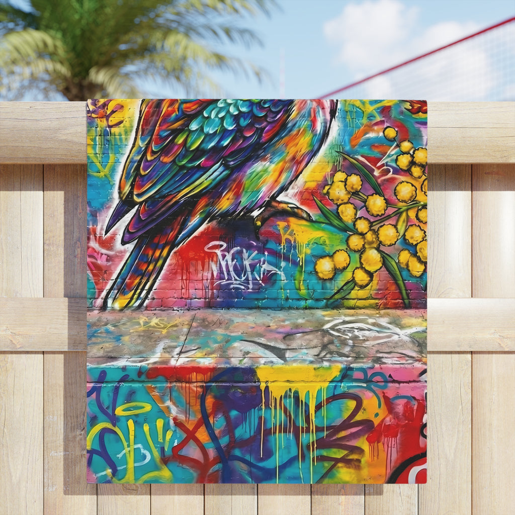 Kookaburra Graffiti Beach Towel — Vibrant Street-Art Bird Design