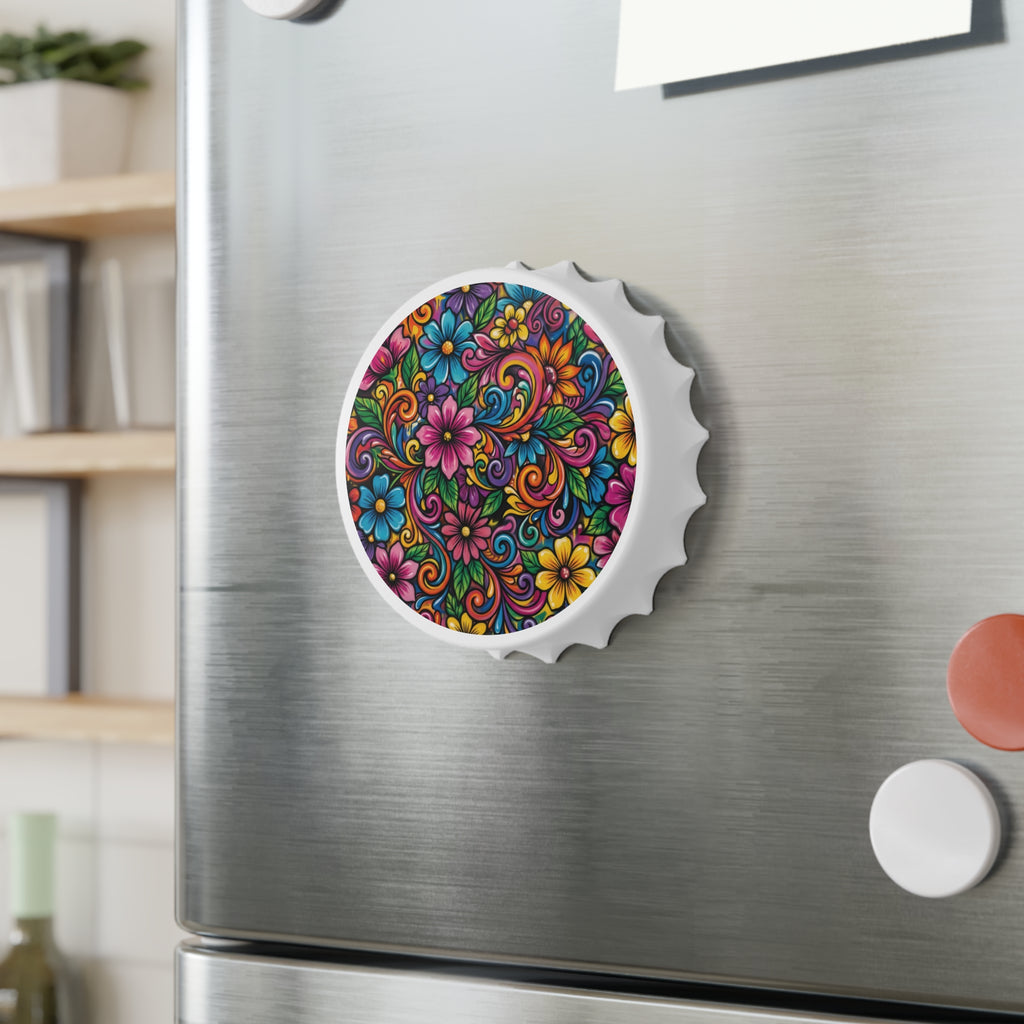 Vibrant Floral Bottle Opener — Colorful Floral Artwork Bar Tool