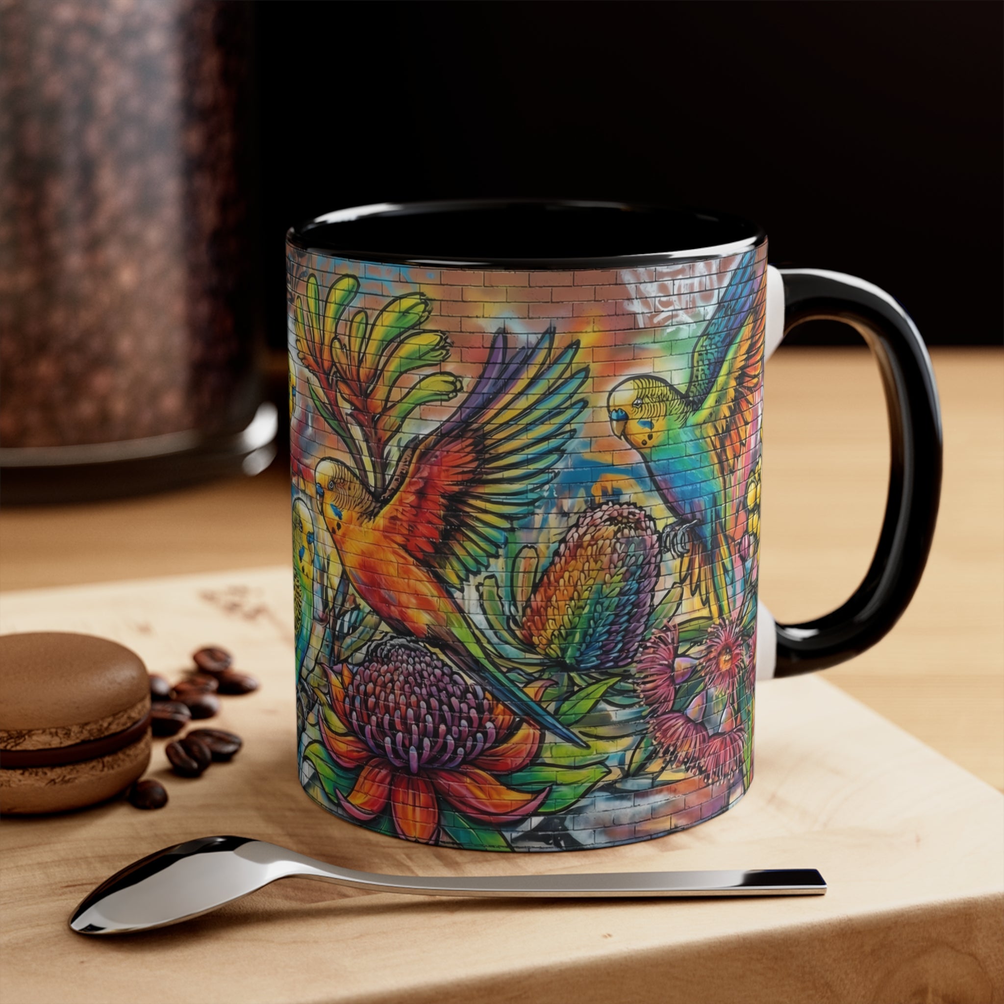 Colorful Budgerigar Floral Accent Mug — 11oz Ceramic Coffee Cup (Multiple Colours)