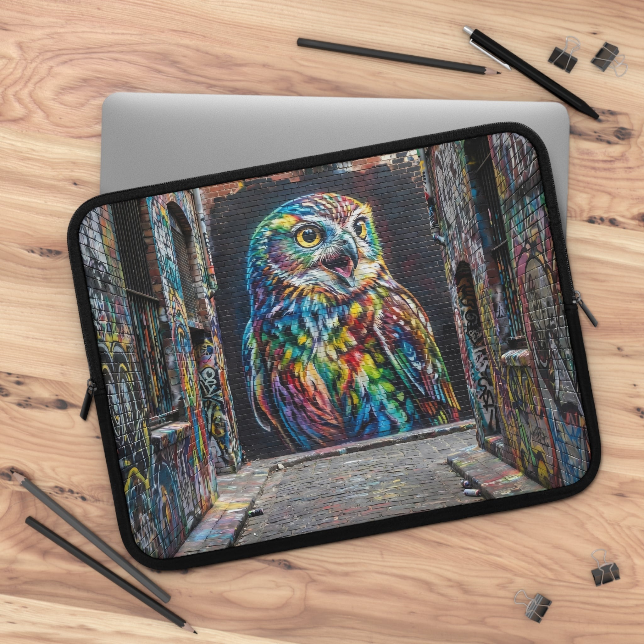 Colorful Street Art Owl Laptop Sleeve | Graffiti Alley Bird Mural