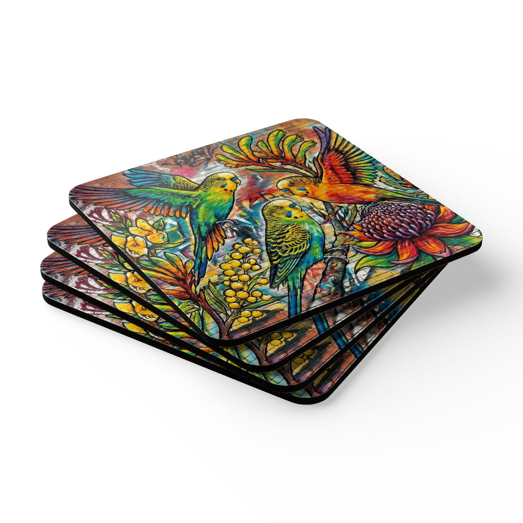 Budgerigar Bird Cork Coaster Set — Colorful Budgie Drink Coasters (Set of 4)