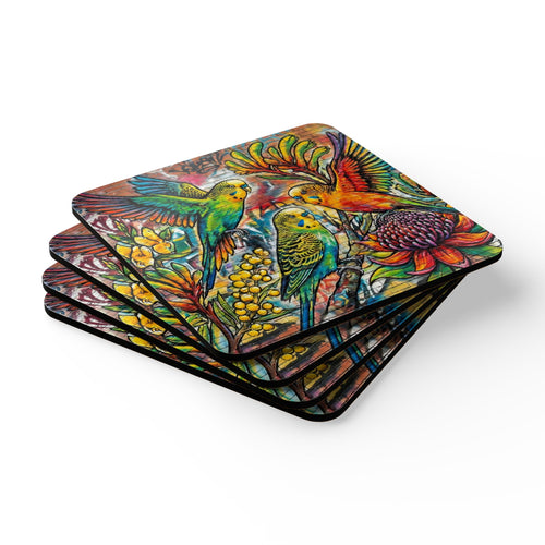 Budgerigar Bird Cork Coaster Set — Colorful Budgie Drink Coasters (Set of 4)