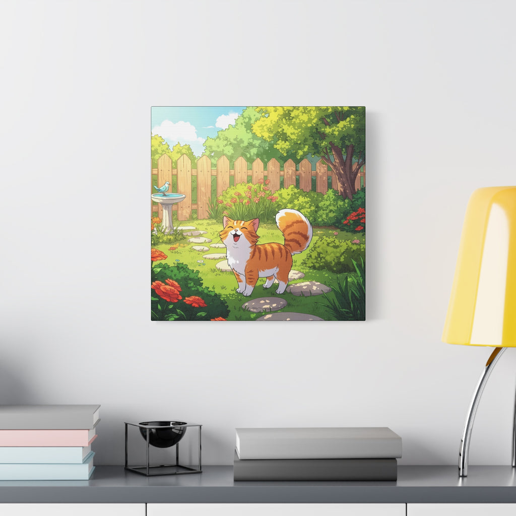 Classic Canvas Garden Cat Kids Art — Whimsical Orange Tabby in Sunny Backyard
