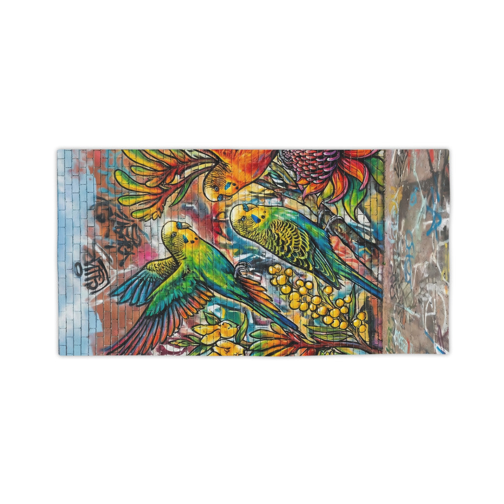 Graffiti Budgerigar Beach Towel — Vibrant Urban Art
