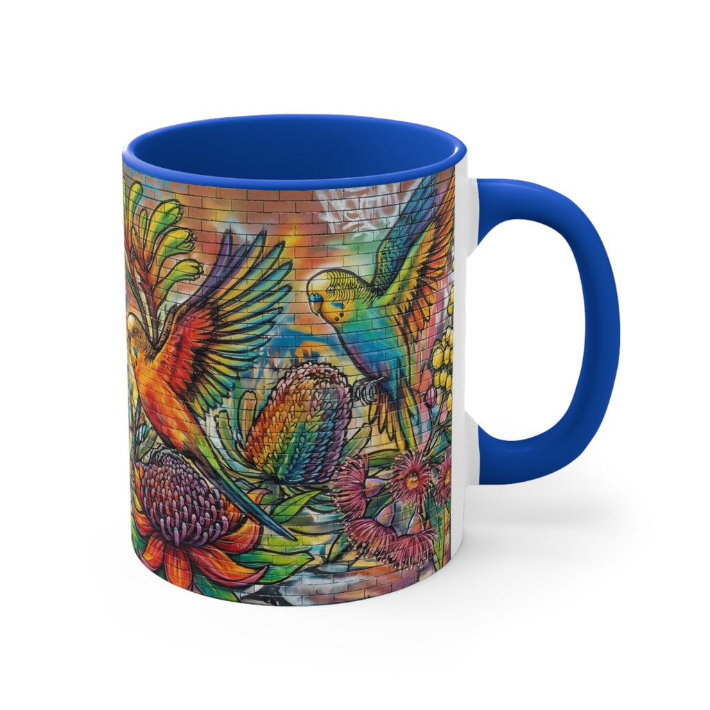 Colorful Budgerigar Floral Accent Mug — 11oz Ceramic Coffee Cup (Multiple Colours)