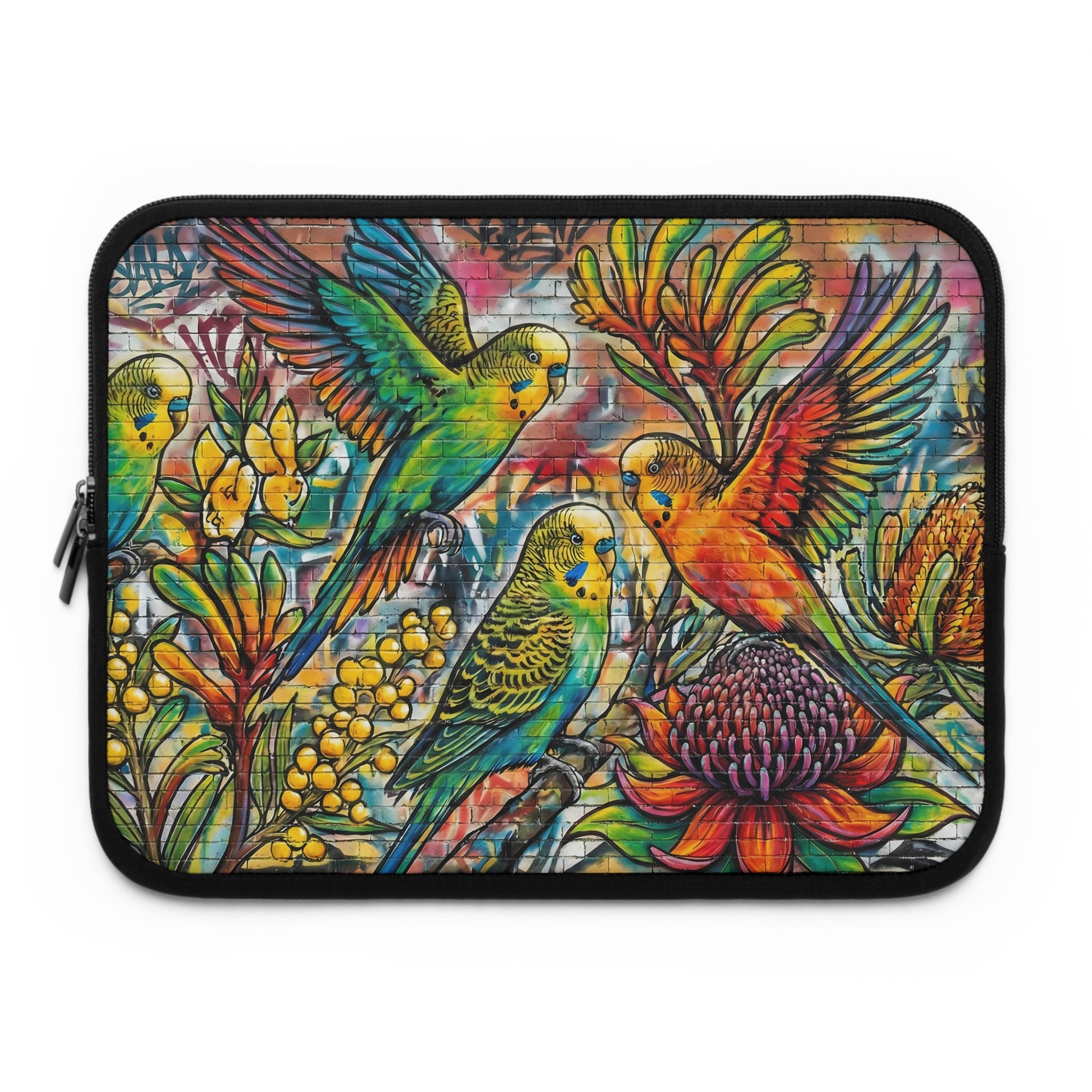 Colorful Budgie Wildflower Laptop Sleeve — Vibrant Bird Art Sleeve
